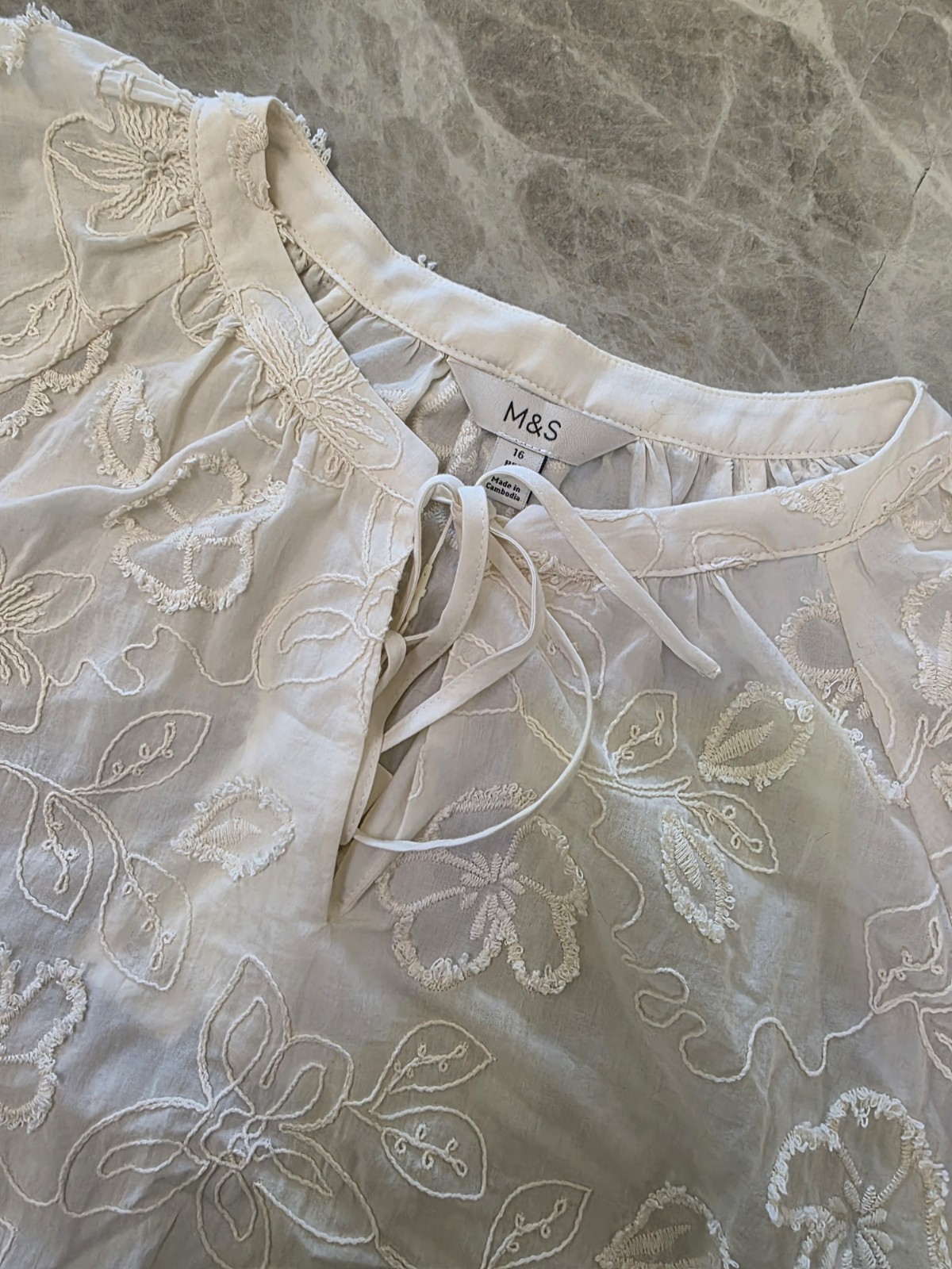 M&S Pure Cotton Applique Tie Neck Blouse ~ Size 16 Regular