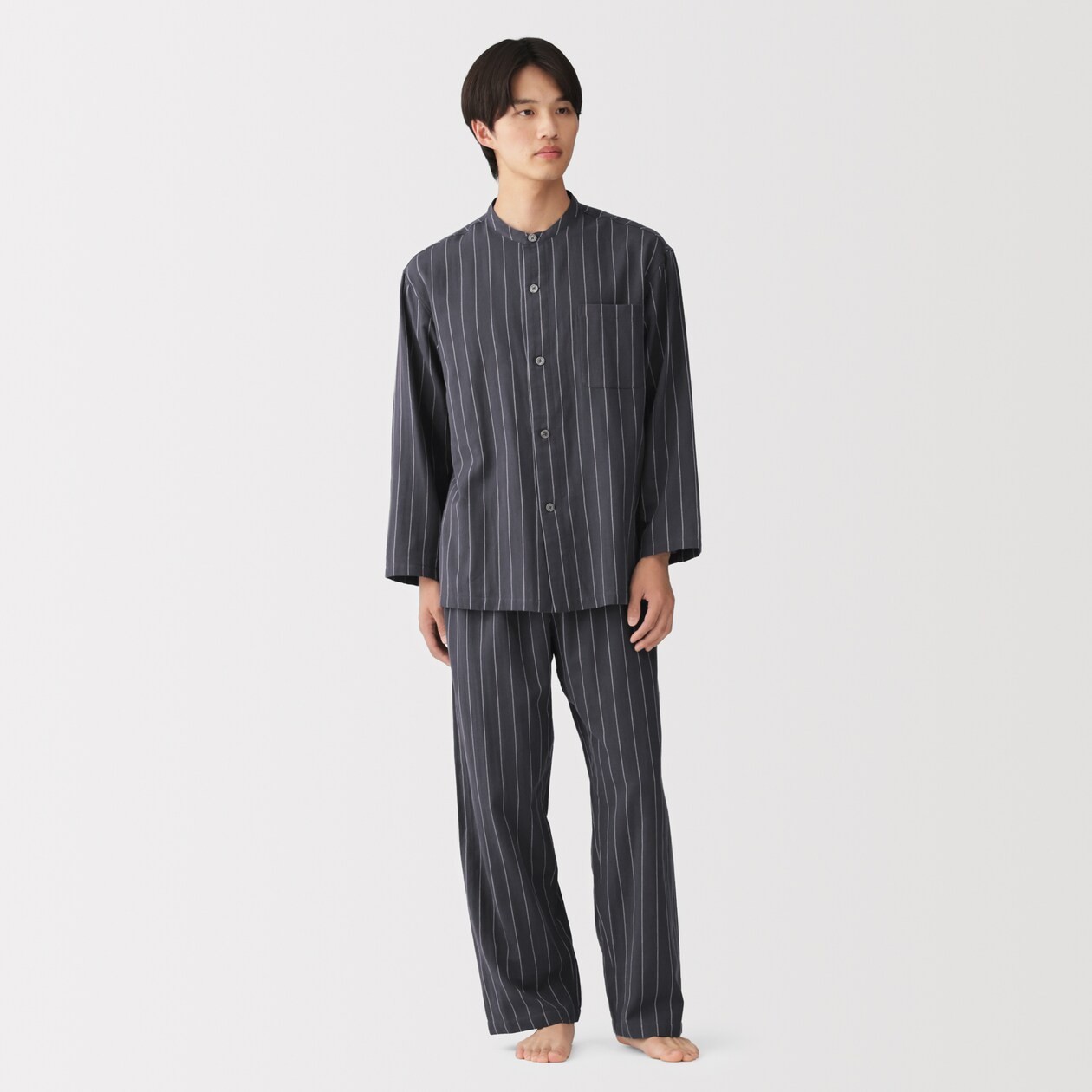 MUJI Mens 100% Organic Cotton Double Gauze Stand Collar Pajamas Gray StripeFedEx