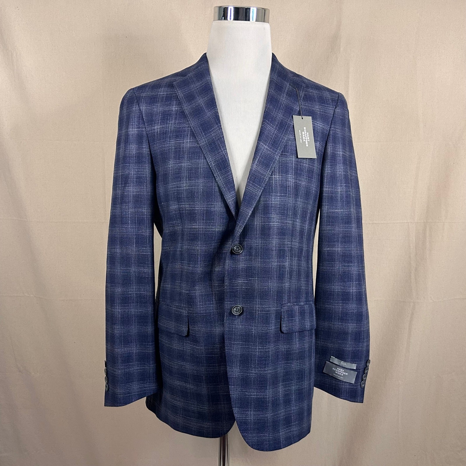 NEW Hart Schaffner Marx 40R Sport Coat Wool Blend Blue Plaid Two Button Vented