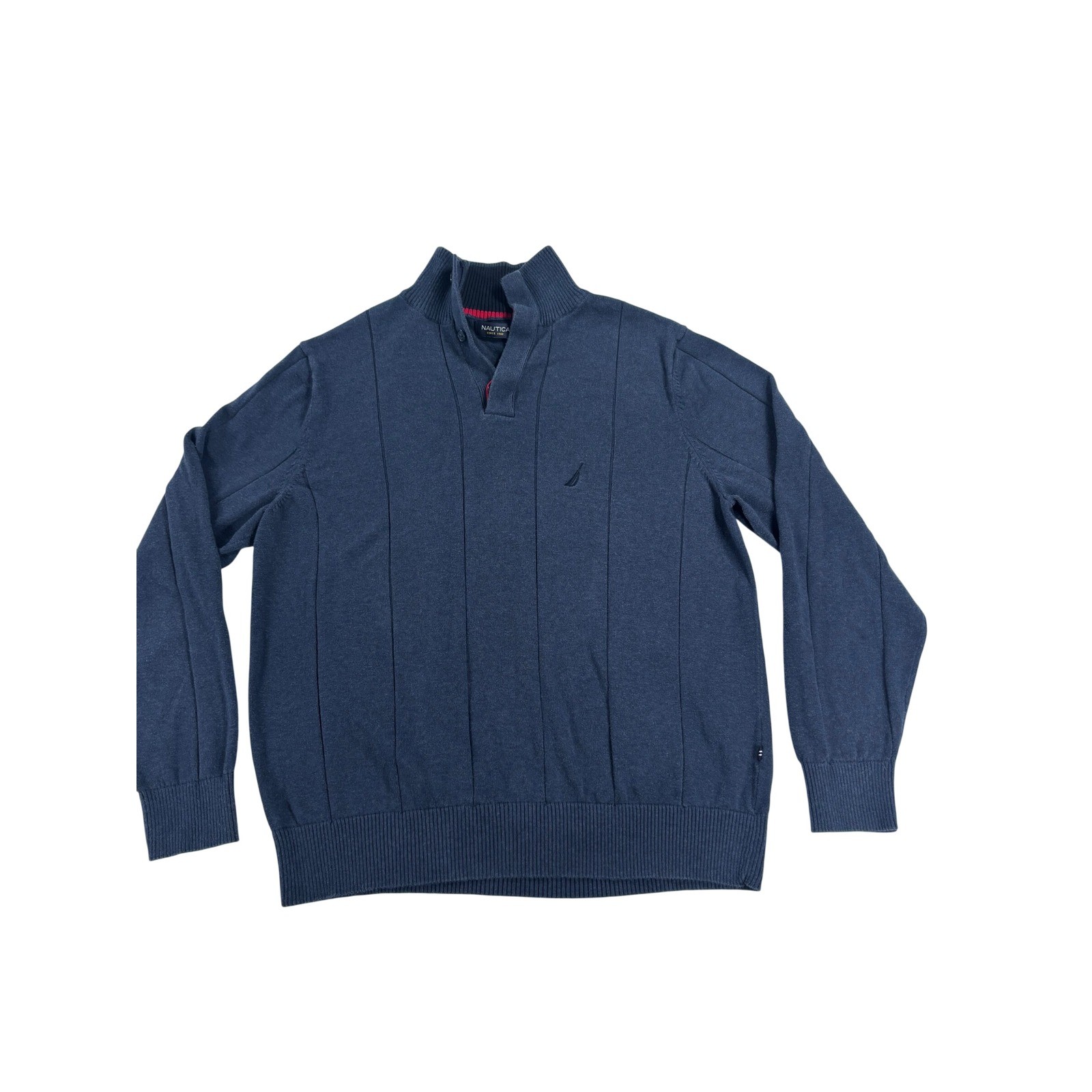 NAUTICA Quarter Zip Sweater Knit Ribbed Navy Blue Fisherman Preppy Mens Medium