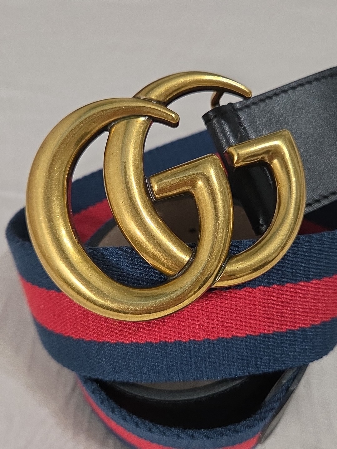 Gucci GG Brass Buckle Striped Navy Red Dress Belt Men’s 36-38 IT 105CM
