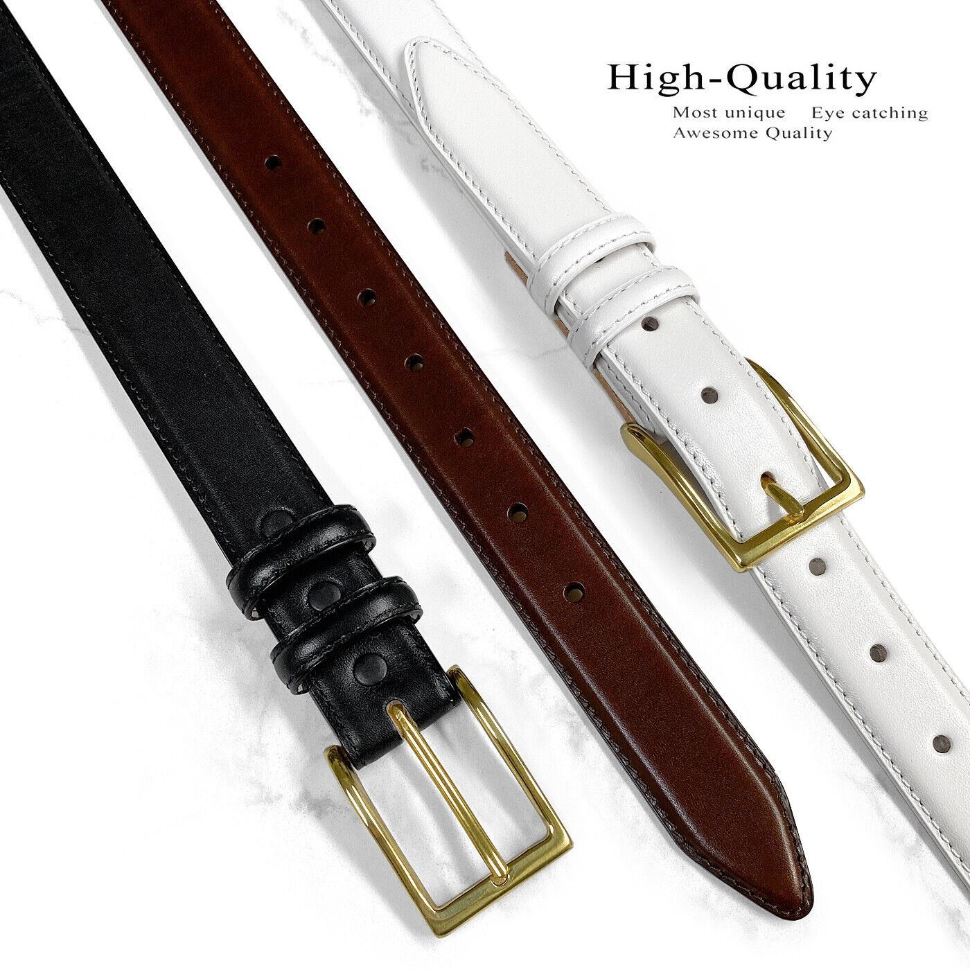 Adam Gold Buckle Italian Calfskin Genuine Full Leather Dress Belt 1-1/8″ Wide
