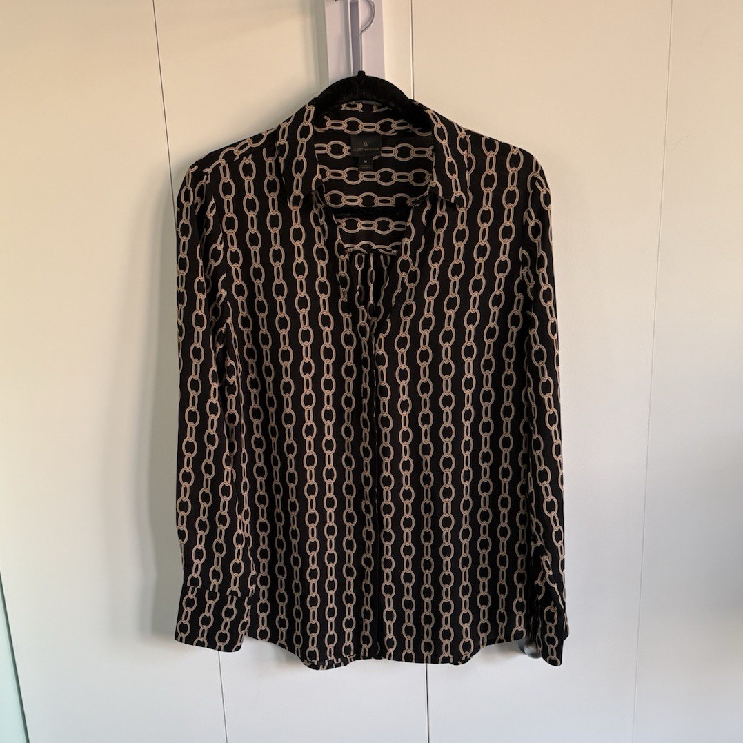 Worthington Women’s Black Tan Chain Print V-Neck Long Sleeve Blouse Size M