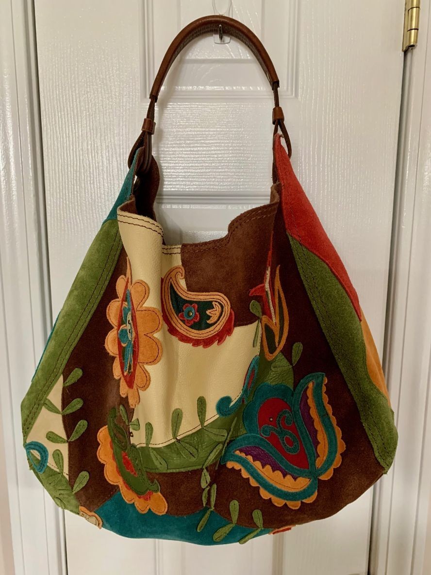 LUCKY BRAND LEATHER SUEDE BOHO SHOULDER BAG HIPPIE HANDBAG PATCH WORK FLOWERS