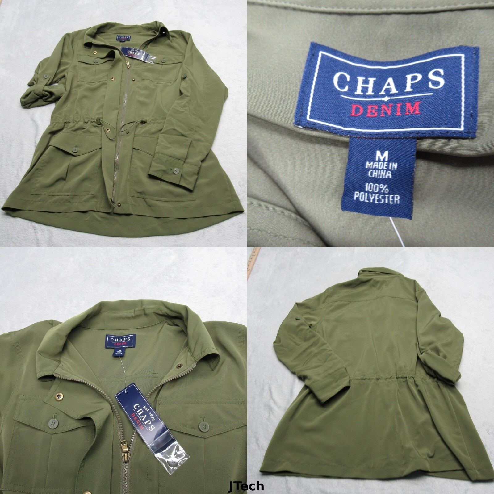 Chaps Denim Utility Jacket Womens Medium Green Lightweight Roll Tab Sleeve NEW