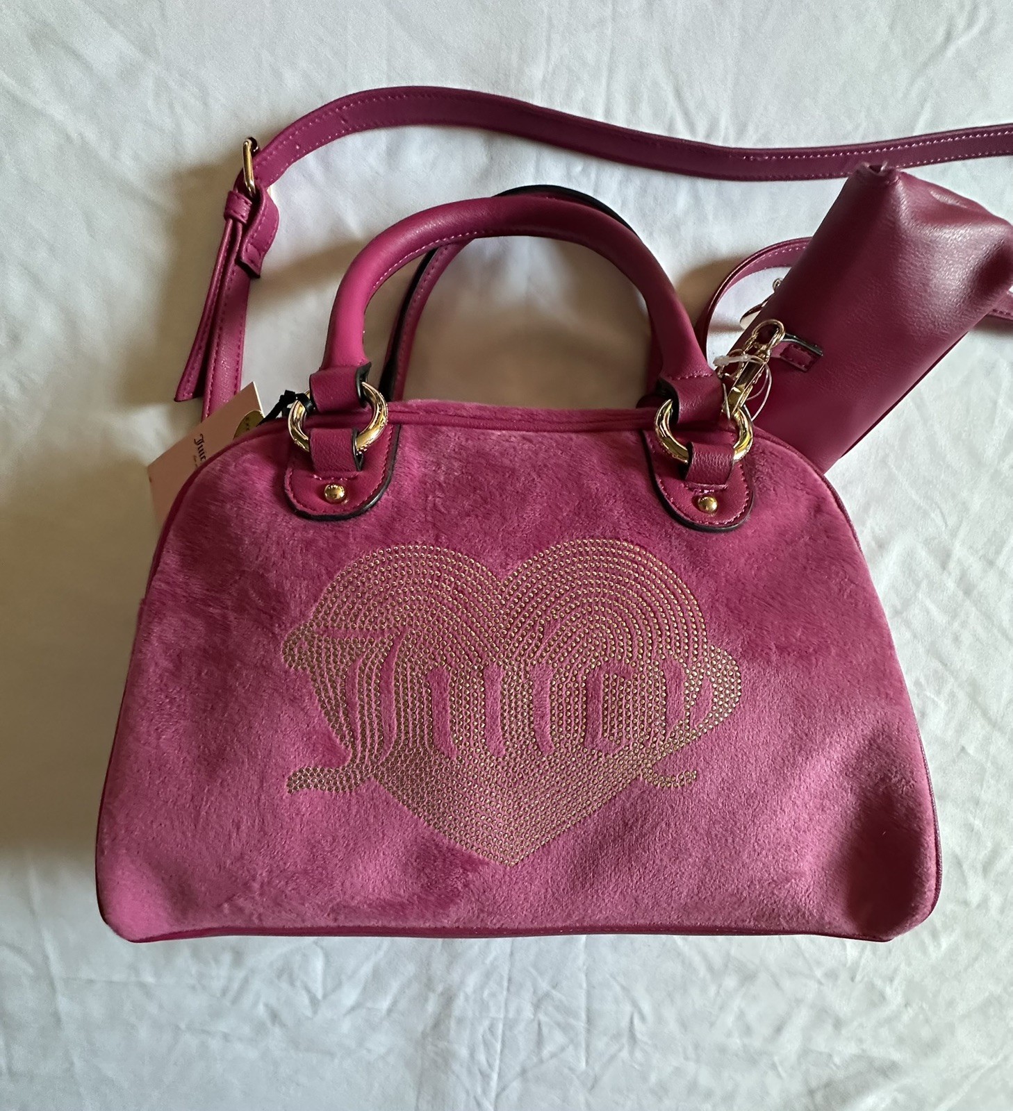 JUICY COUTURE QUEEN COUTURE SATCHEL BAG W/ MINI COIN BAG CHARMS RASPBERRY TART