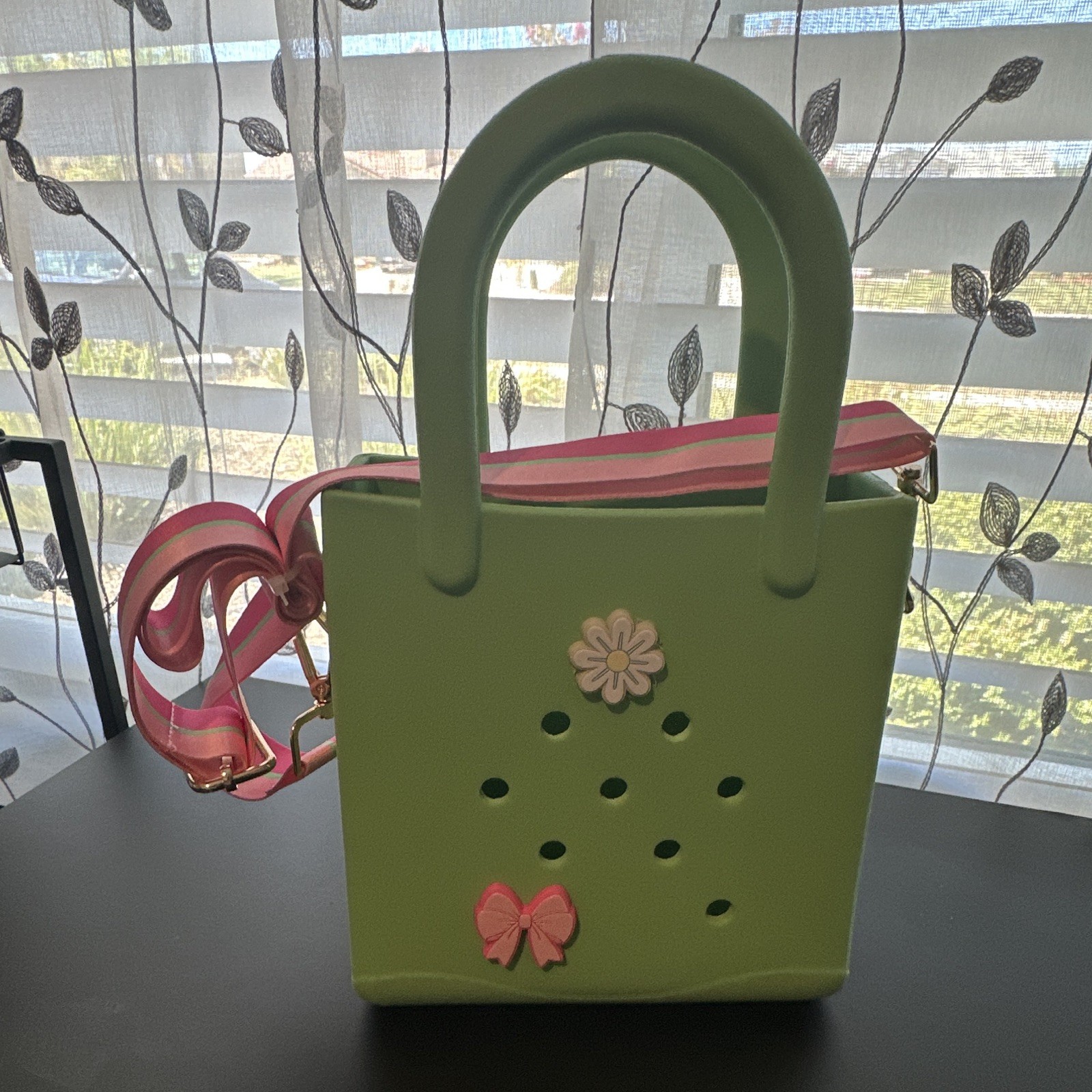 Green Satchel Top Handle Bag Adjustable Detachable Pink Strap Charms Gold.