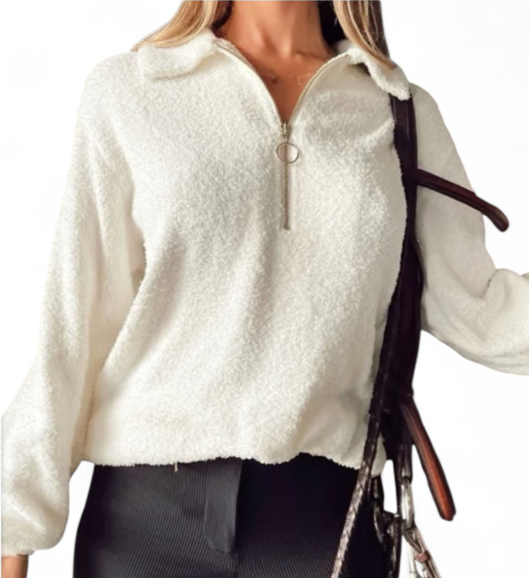 SHOW ME YOUR MUMU Off-White Sherpa Fleece SADIE PULLOVER SWEATER Gold Zipper S