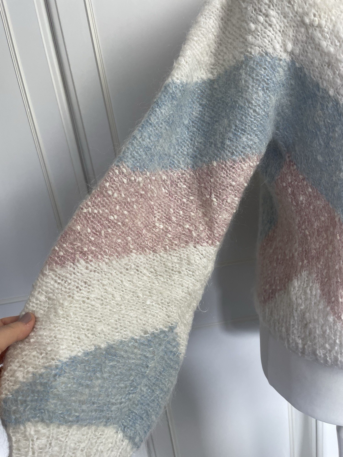 Hand Knitted Women’s Cardigan Size UK 12 Ivory Pink Blue Cottagecore Knit