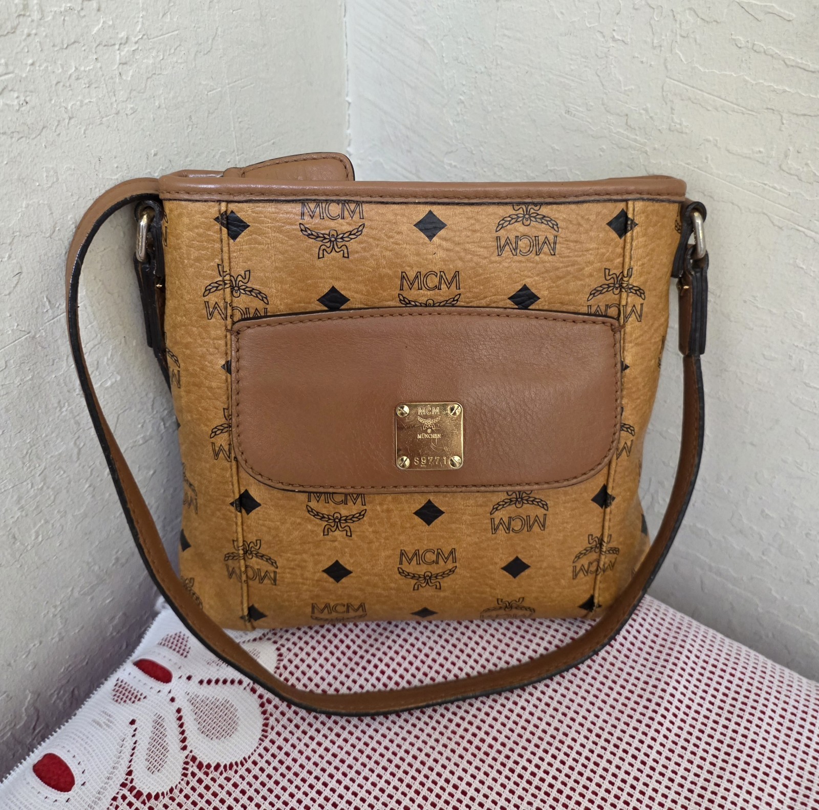 MCM Cognac Monogram Small Flat Shoulder Crossbody Bag AUTHENTIC