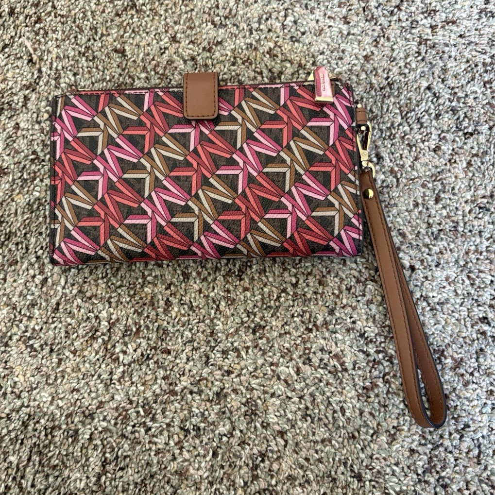 Michael Kors Geometric Print Wristlet Wallet Brown Pink Red Zip Strap