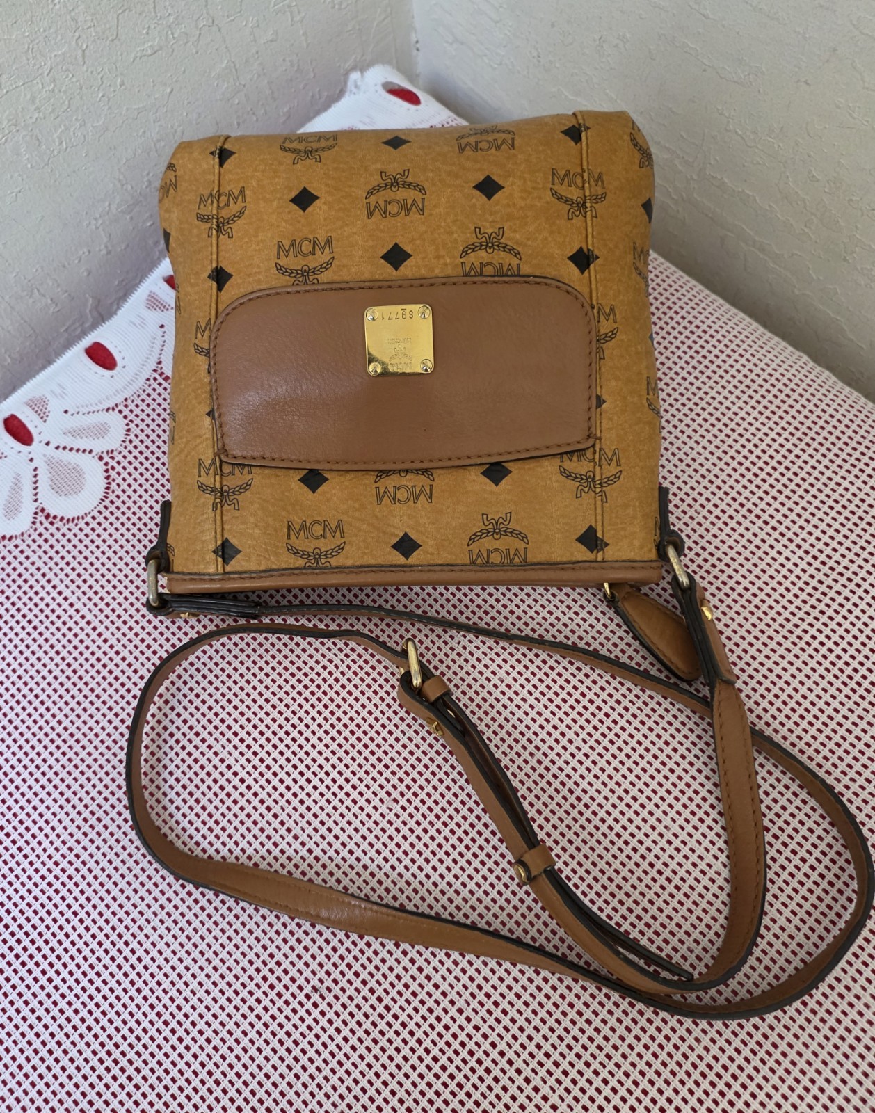 MCM Cognac Monogram Small Flat Shoulder Crossbody Bag AUTHENTIC