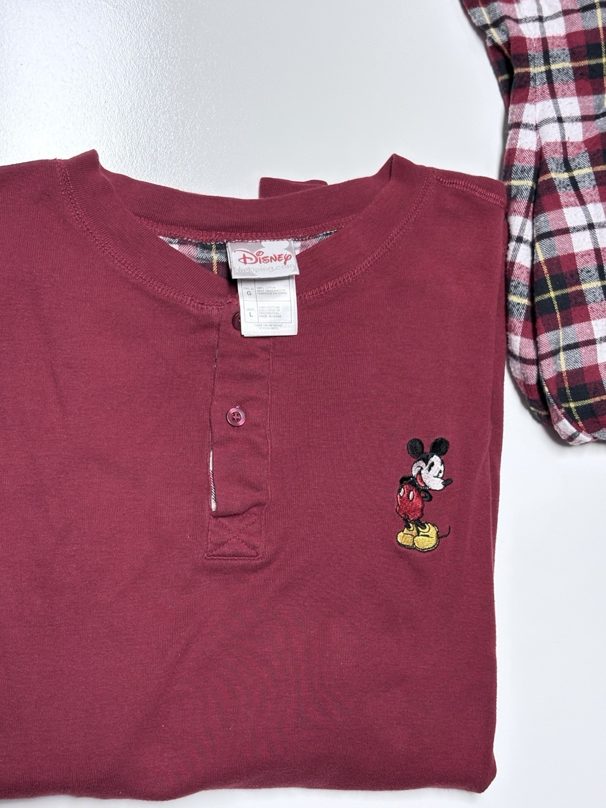 Disney Store Mickey unisx L 2pc Burgundy Cotton Flannel Plaid Pajama Set Pockets