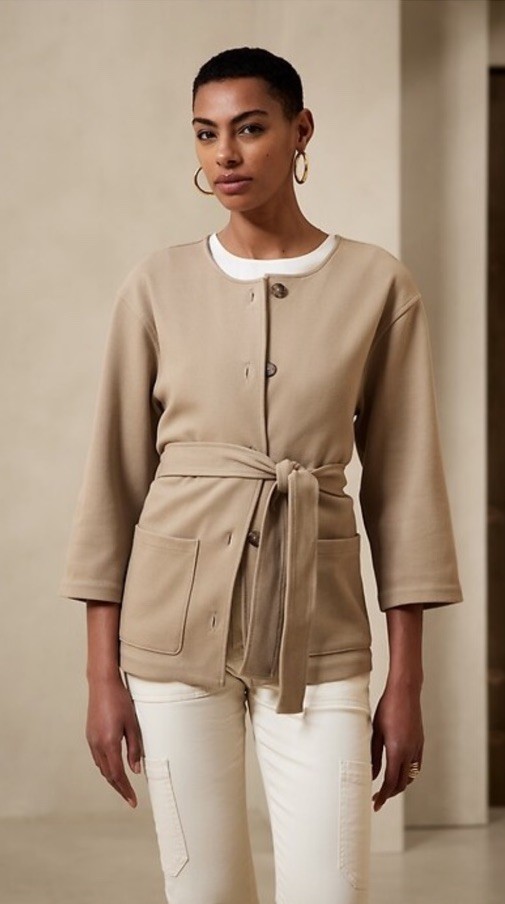 Banana Women’s Twill Knit Jacket-Belted Collarless Beige/Tan Front Pockets XS