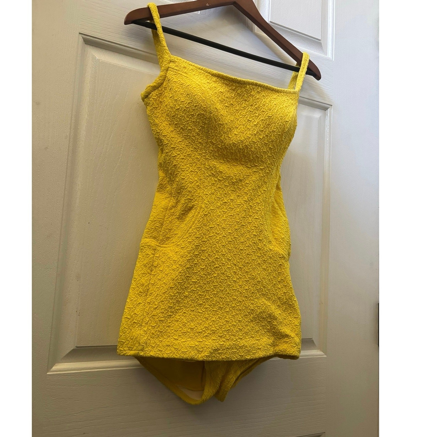 Vintage Jantzen Yellow Swimdress One Piece Swimsuit Crinkle USA Size 12