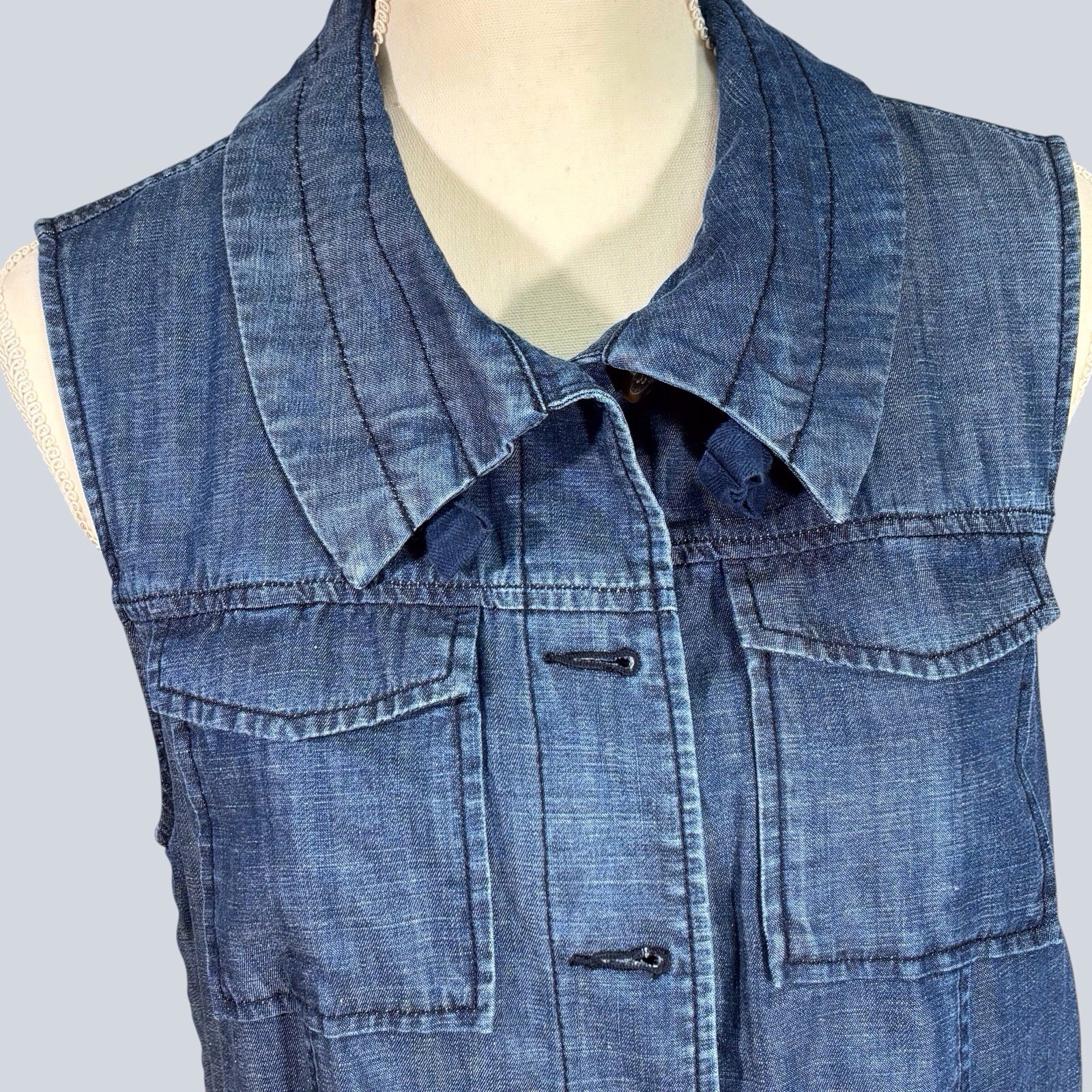 Talbots Blue Chambray Button Up Tunic Vest XL Pockets Cotton Linen Blend