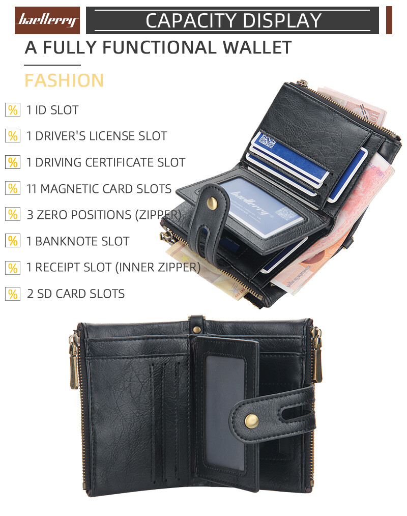 Men Leather Black Wallet with Anti-theft Chain Bifold Double Zipper Purse Gift