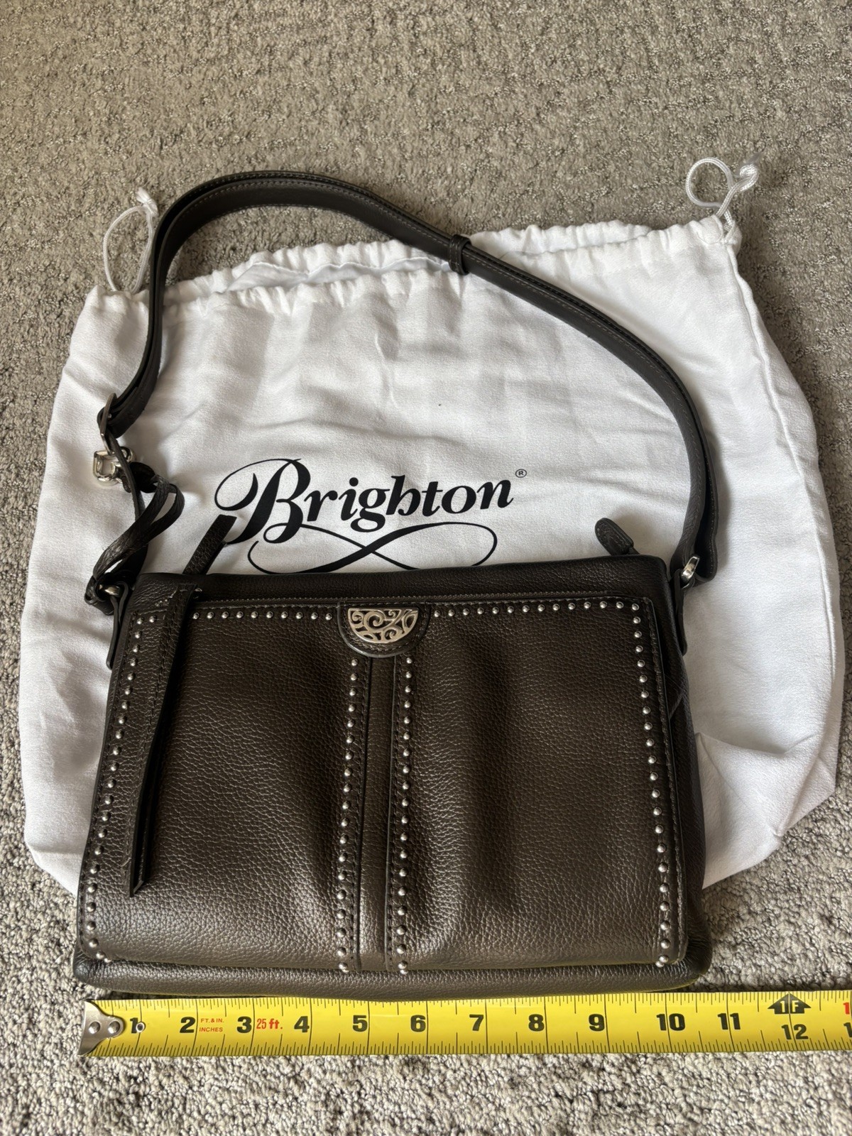 BRIGHTON Crossbody Organizer in Cappuccino Pebbled Leather w/ Silver Studs