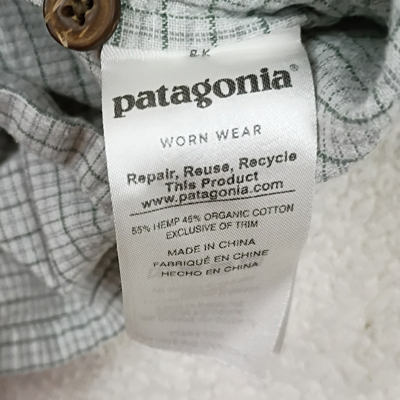Patagonia Worn Wear Shirt Mens XL Grey Hemp Organic Cotton Grid Short Sleeve