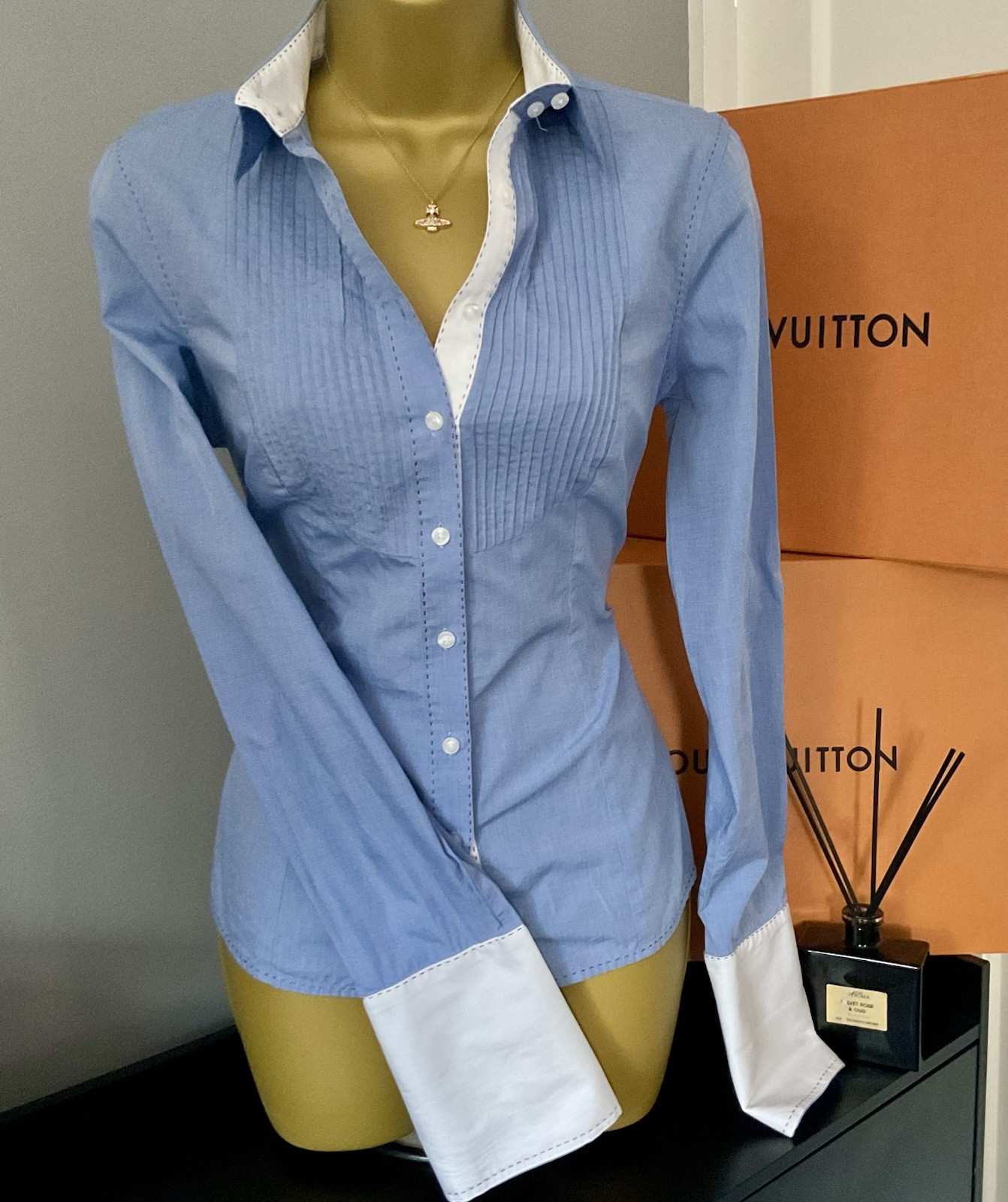 Pristine Thomas Pink Blue Fitted Pleated Tuxedo double Cuff Shirt Stunning UK 10