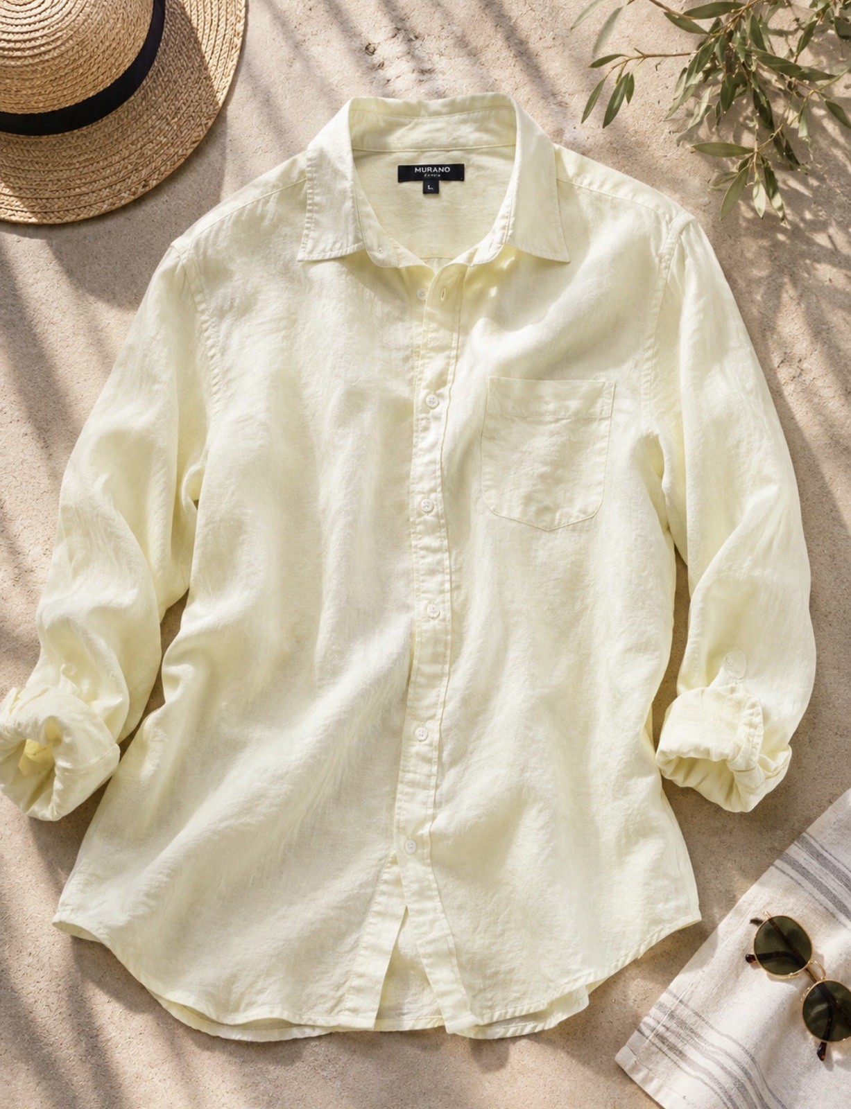Murano 100% Linen Shirt Mens Large Pale Yellow Button Down Quiet Luxury Coastal