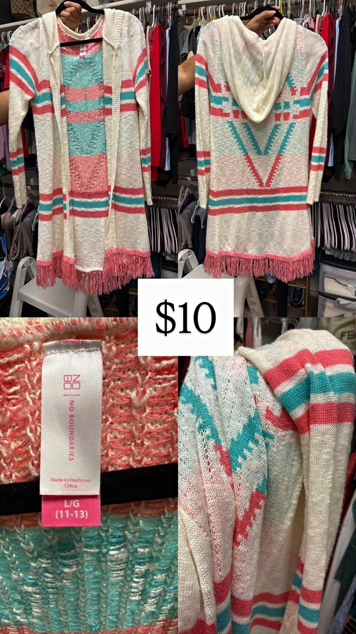 No Boundaries Hooded Fringe Striped Knit Cardigan Sweater Ivory Pink Teal L/G