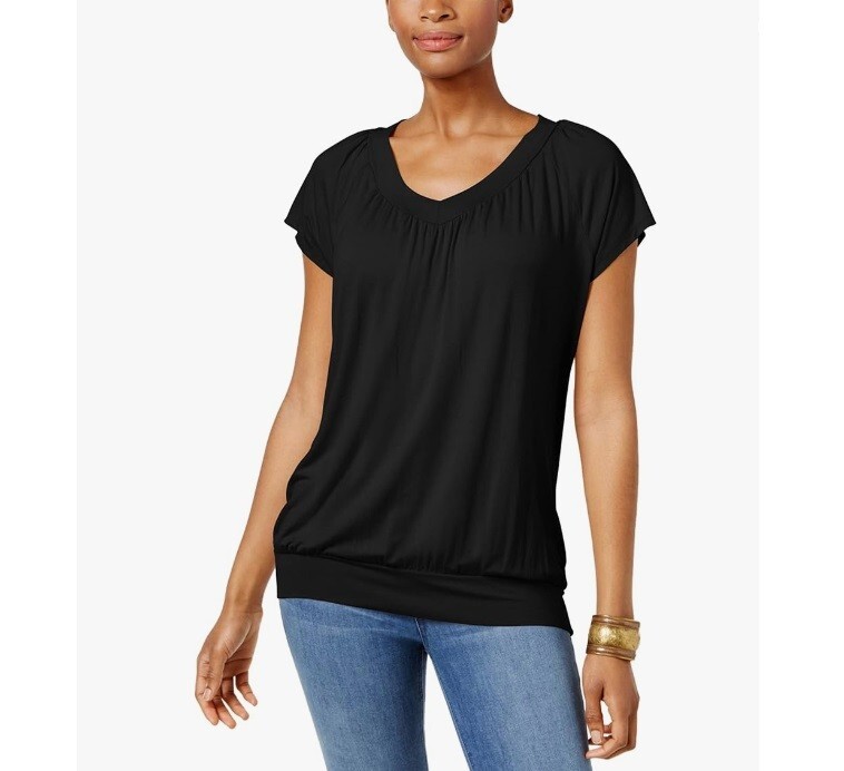 JM Collection Womens Petite Medium PM Deep Black Banded Hem V Neck Top NWT I54
