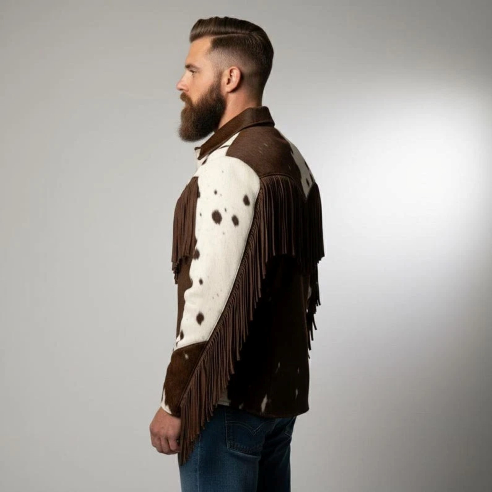 Men’s Western Cowhide Jacket with Hair-on and Cow Print Fringe Detail