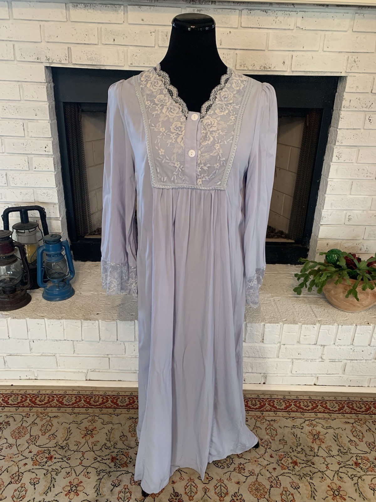 French Country Cottagecore Blue Prairie Dress Lace Trim Sz 8 ~ 36” Bust ~47” Lng