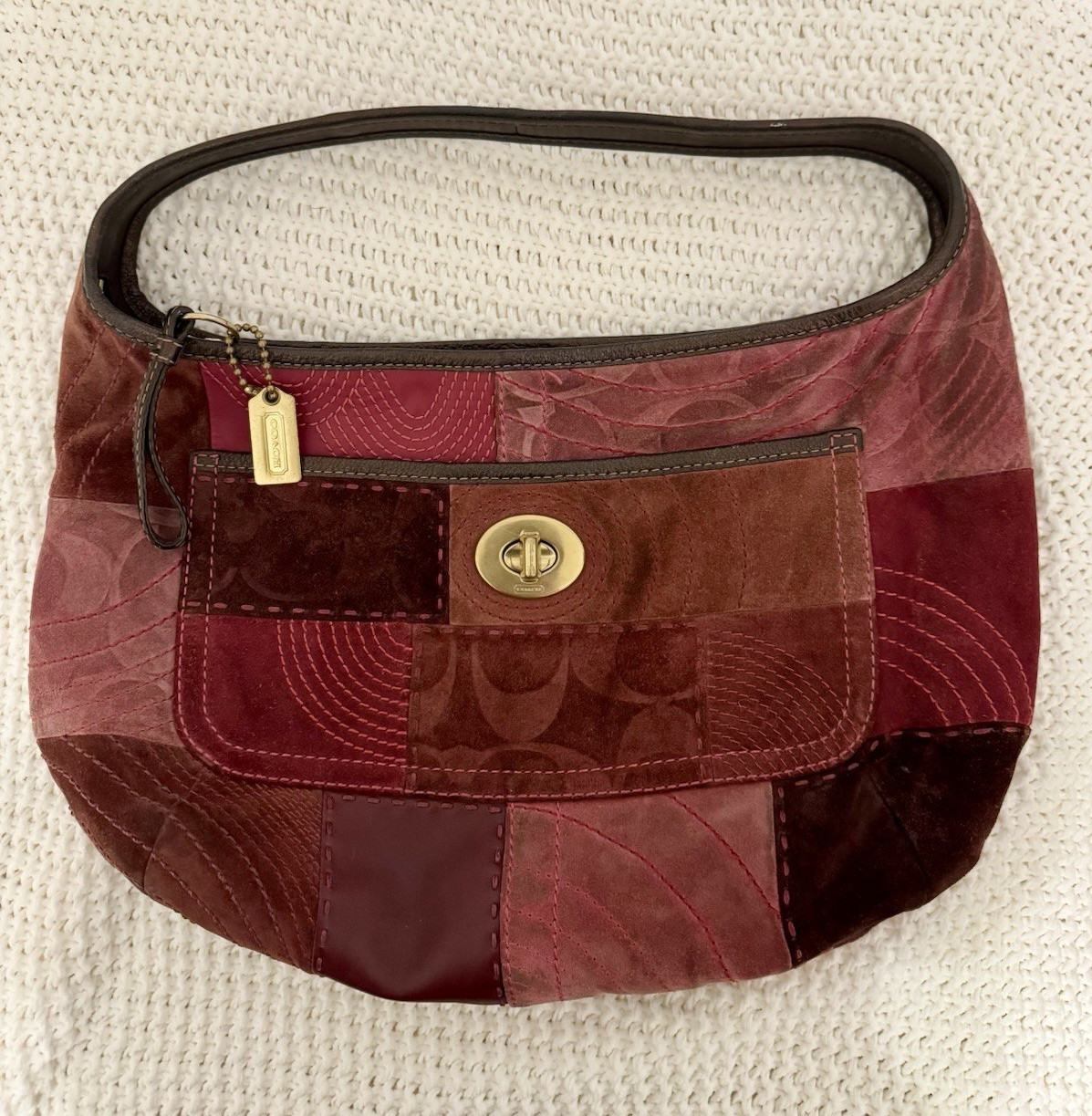Coach Burgundy Patchwork Crescent Shoulder Bag Zip Top Turnlock + Charm