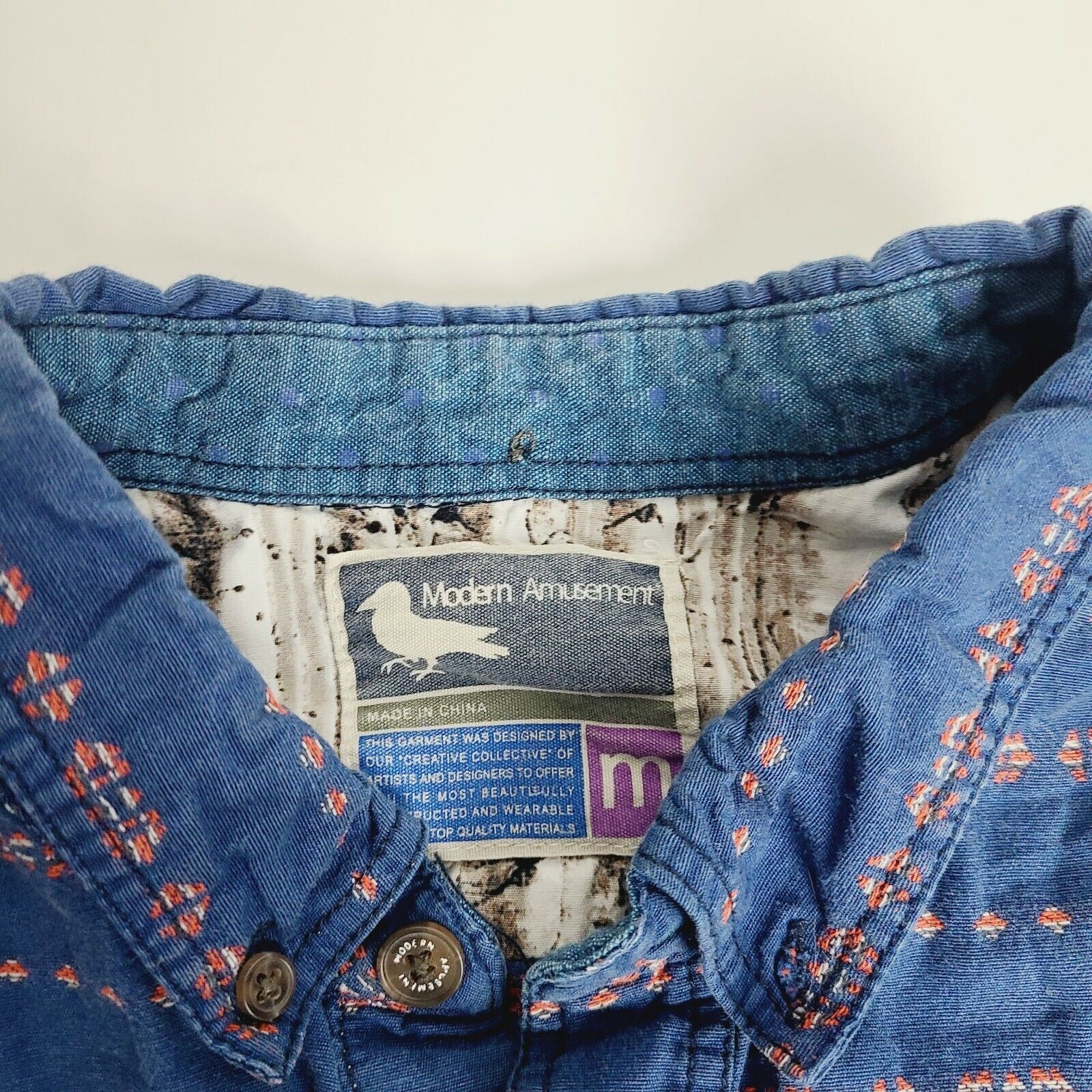 Modern Amusement Casual Button-Down Shirt Teens Medium Aztec Blue Surfer Cotton