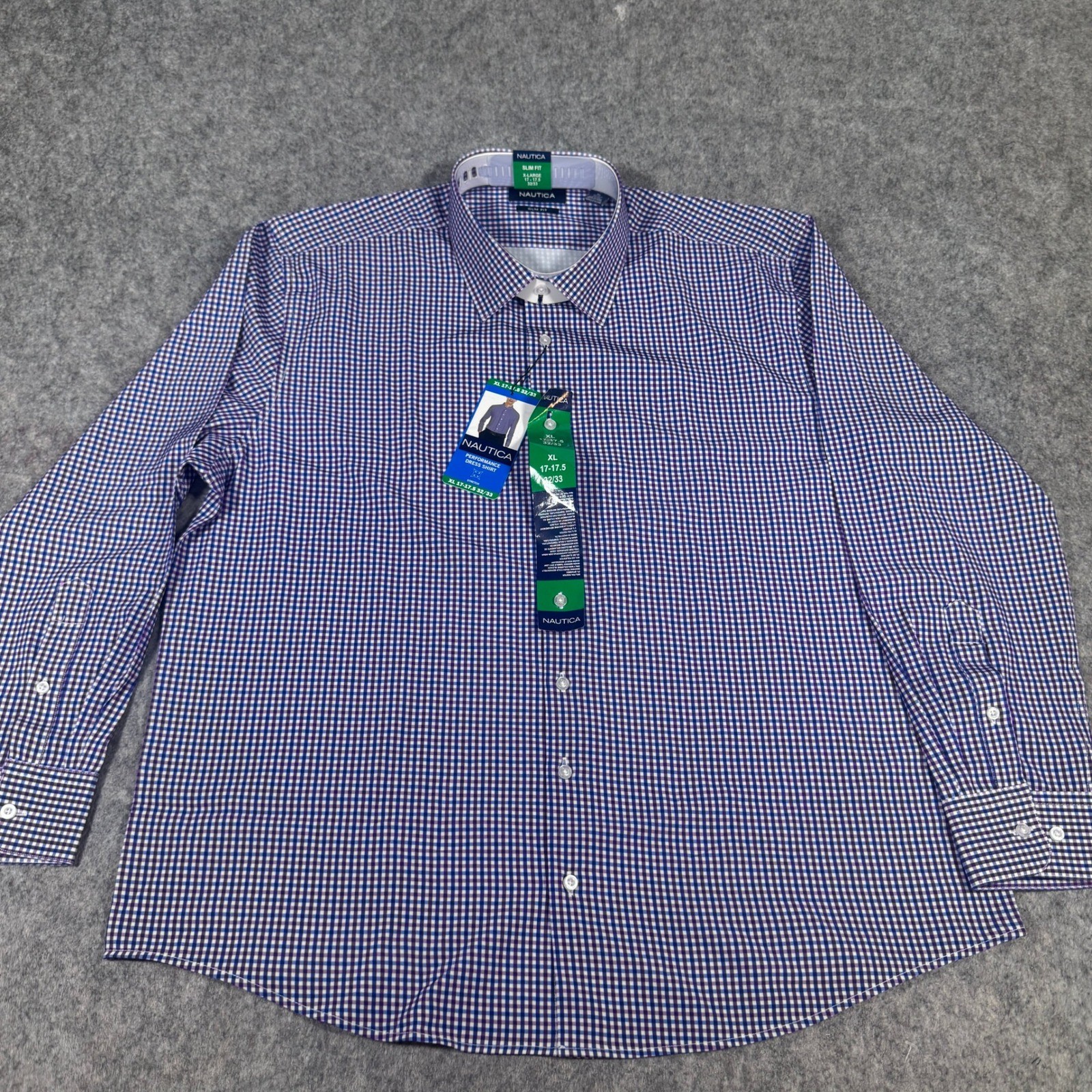 Nautica Slim Fit Performance Dress Shirt Mens XL 17-17.5 32/33 Blue Gingham