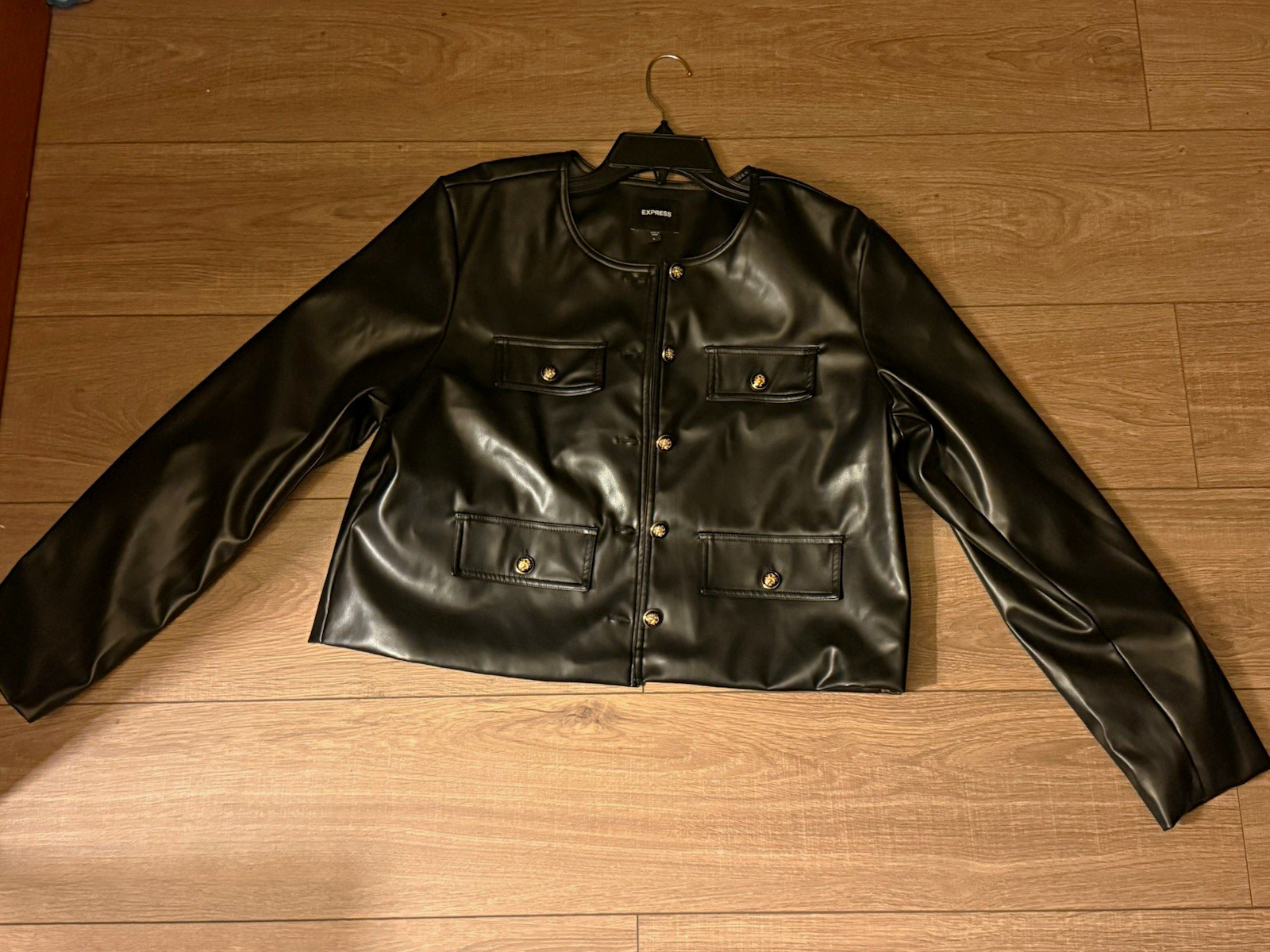 Express Men’s Black Faux Leather Button-Front Jacket Band Collar Pockets L