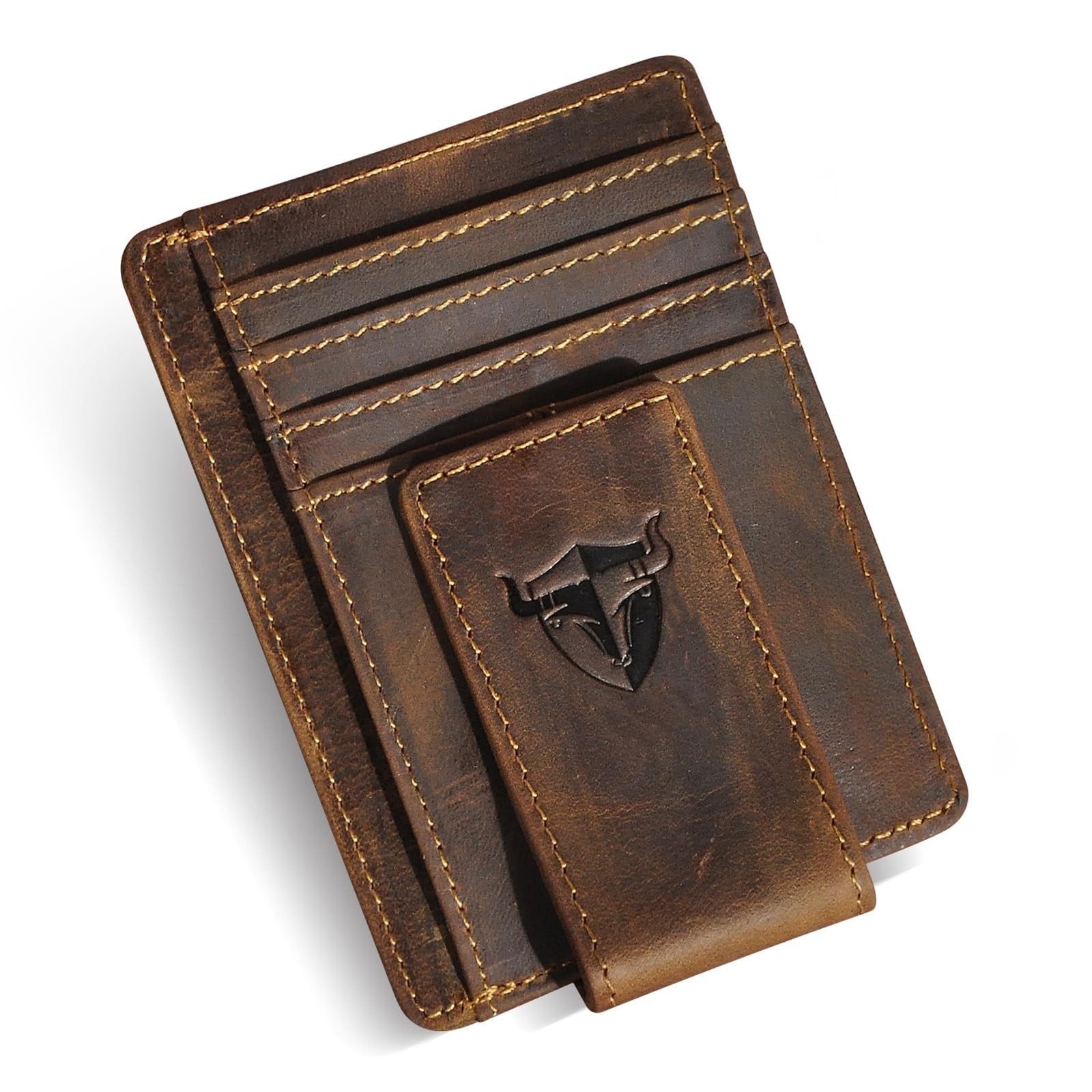 RFID Genuine Leather Slim Money Clip Wallet – Front Pocket Card Holder – Brown