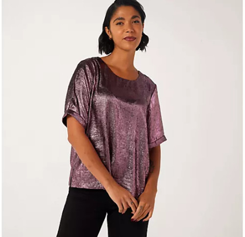 Ruth Langsford Top Metallic Shell Short Sleeves Round Neck Rose New Tags Size 18