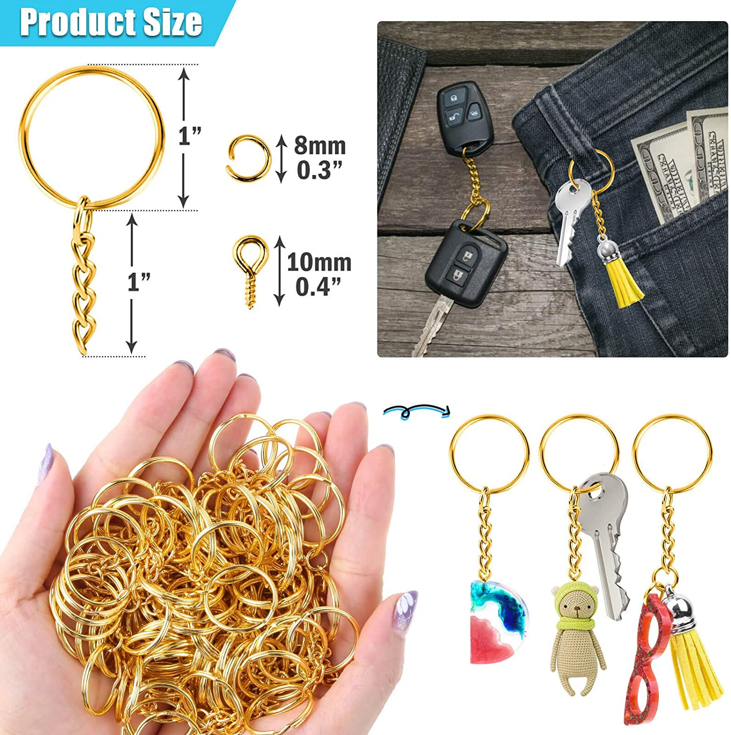 Keychain Rings Kit for Crafts Gold, PAXCOO Includes 100Pcs Split Key Ring with C