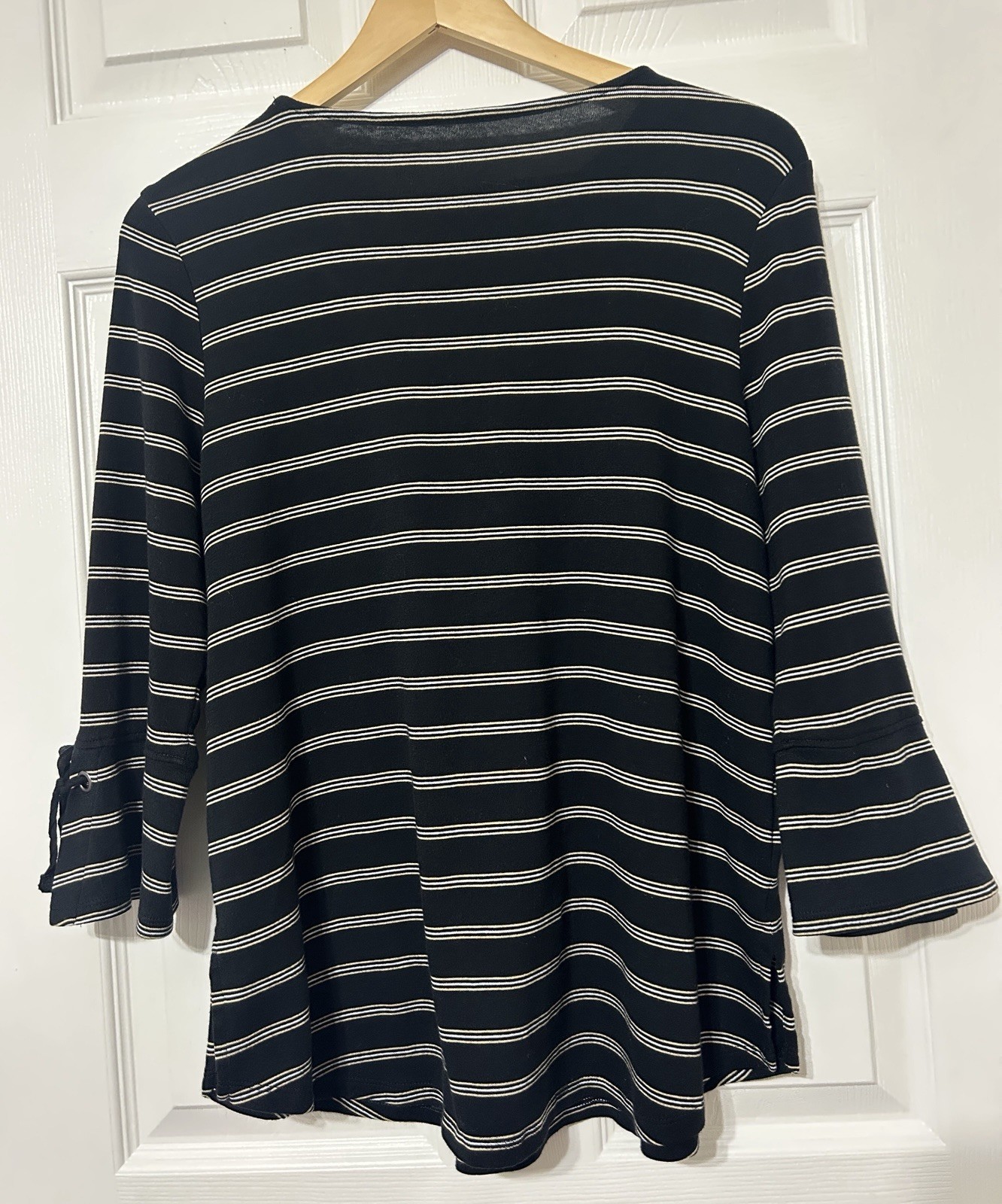 J.Jill Pima Tie -Sleeve Tee Top Black Stripe 3/4 Sleeves Pima Cotton Size M
