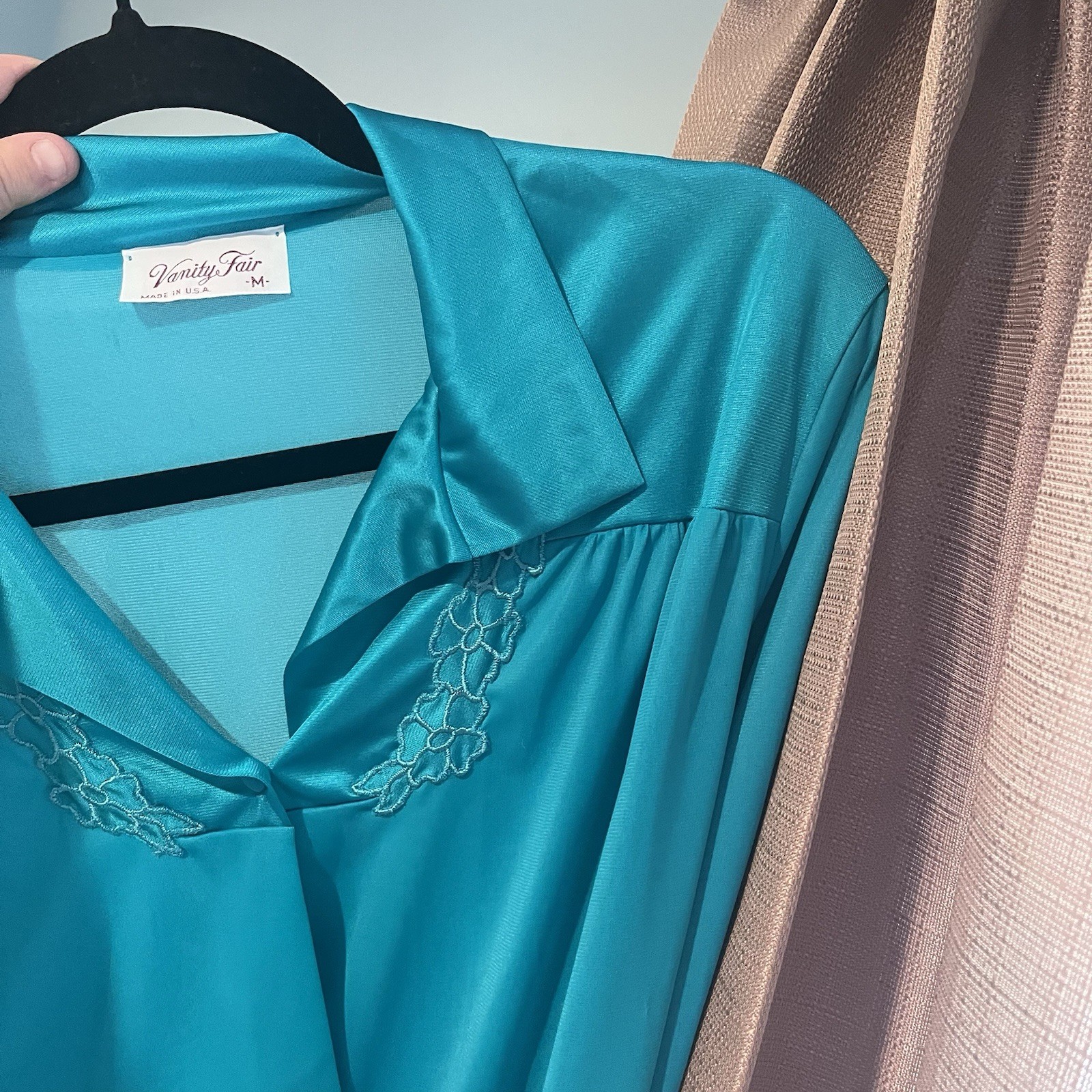 Vintage Vanity Fair Nylon Robe Housecoat Teal Blue Green Button Front Size M
