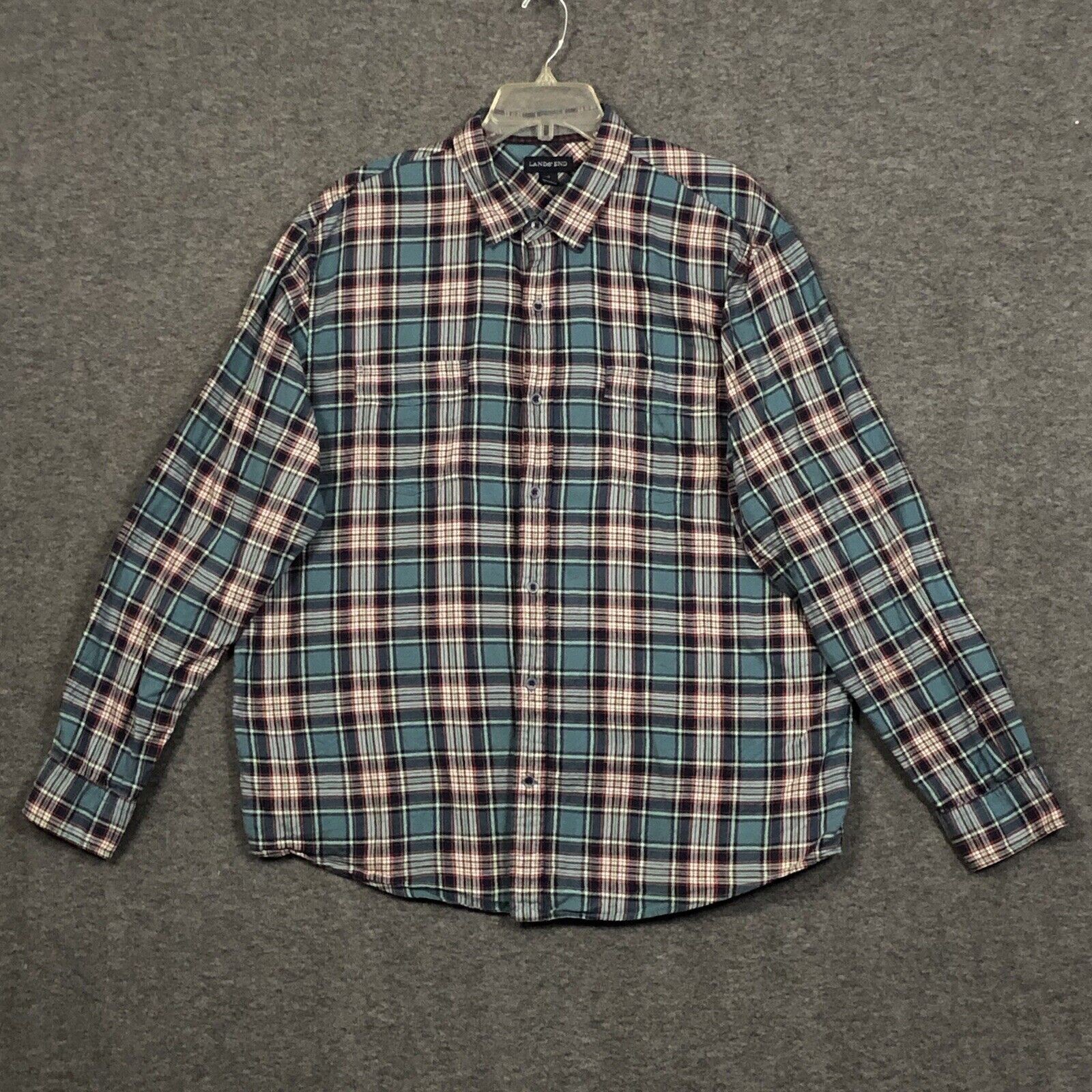 Lands End Shirt Men XL Traditional Fit Flannel Plaid 17 17.5 Blue Red Button Up