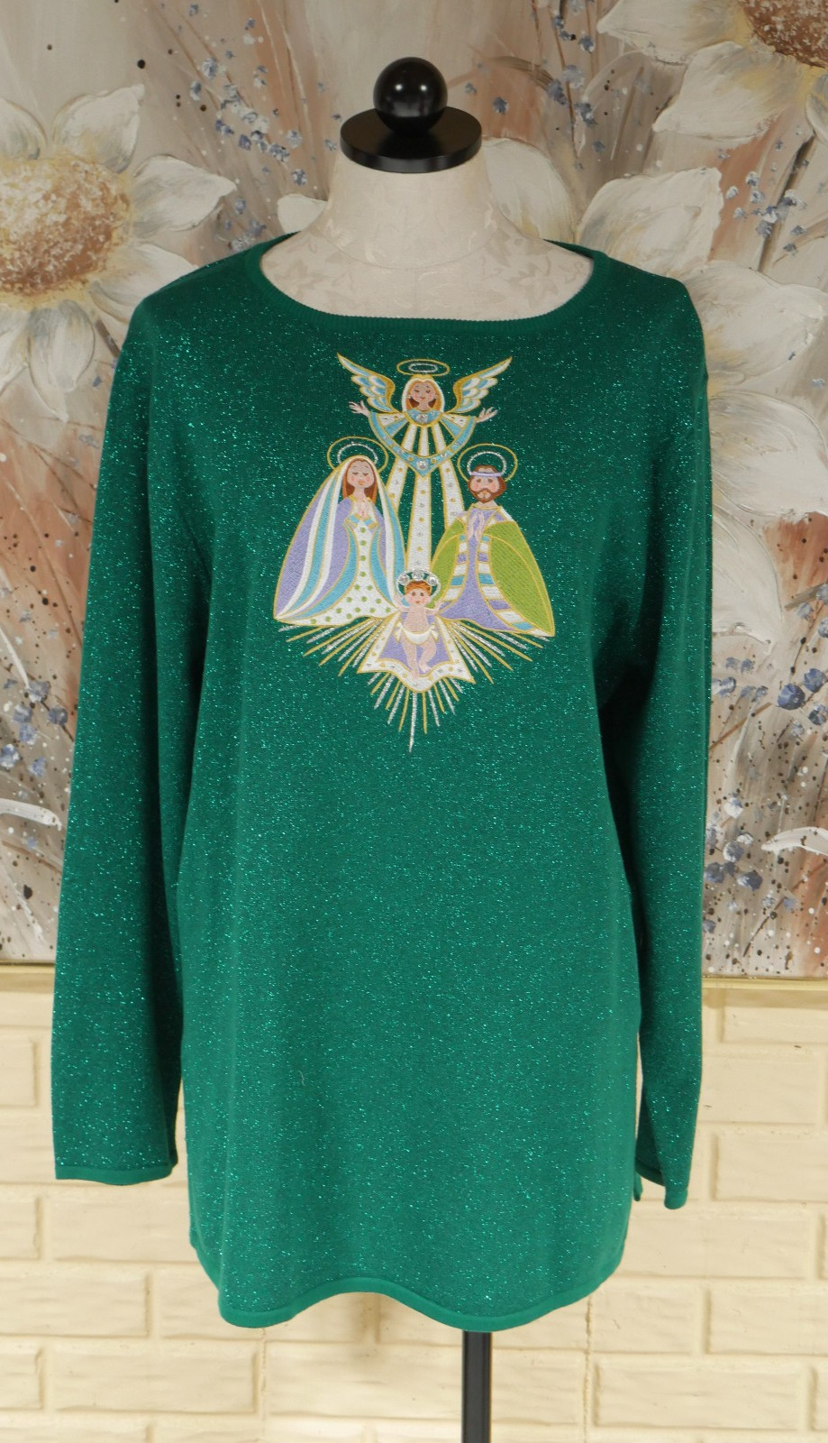 NWOT BOB MACKIE WEARABLE ART LARGE CHRISTMAS GREEN ACRYLIC BLEND METALIC SWEATER