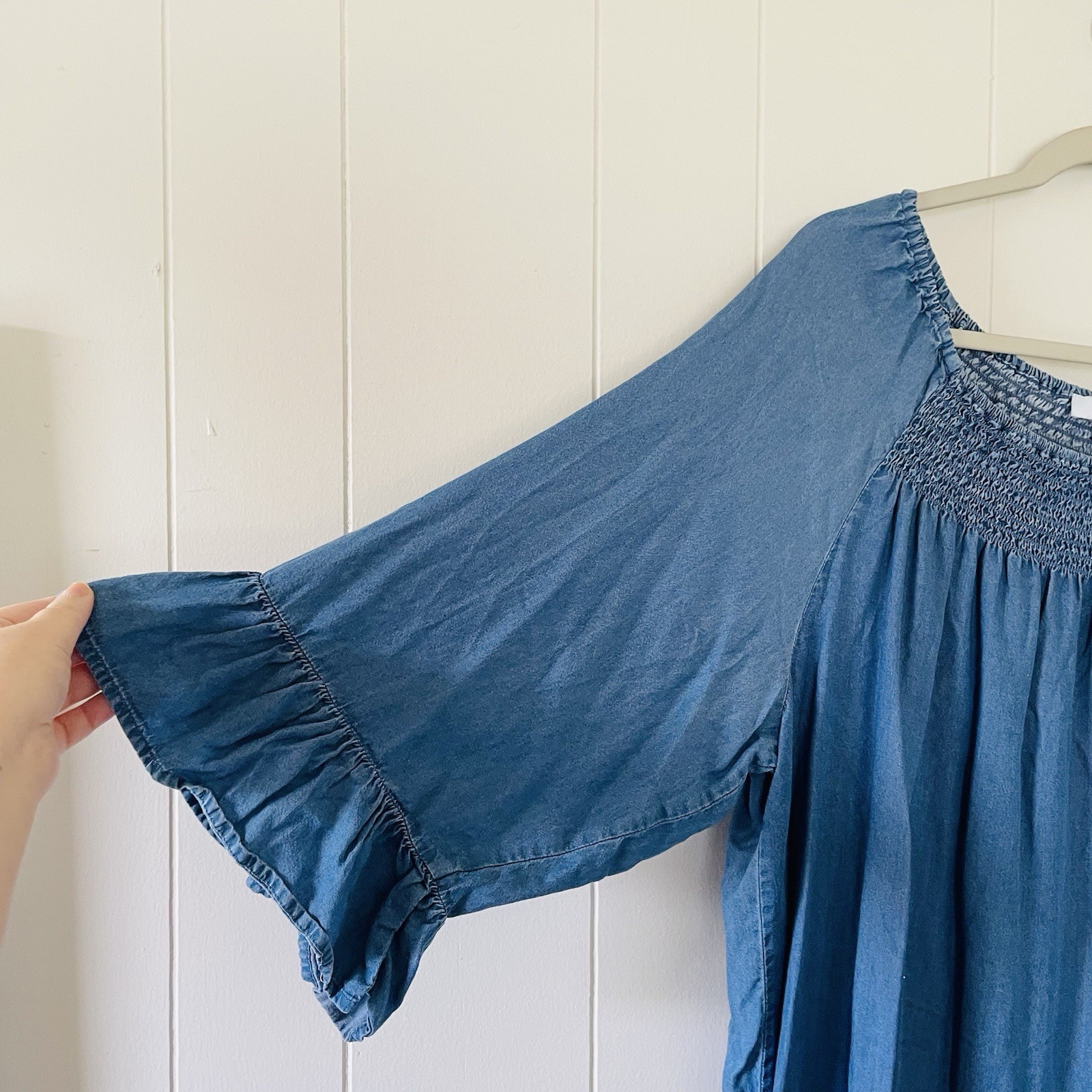New Directions Blue Chambray Smocked Scoop Neck Shift Dress 3/4 Sleeve 3X
