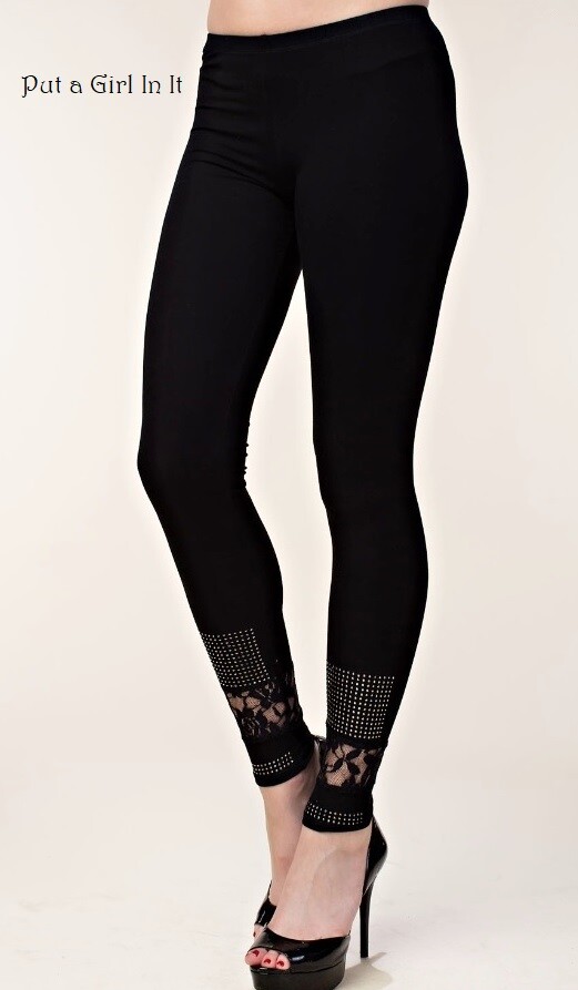 USA New VOCAL Womens CRYSTAL BLING BLACK STONE LACE LEGGINGS S M L XL 1X 2X 3X