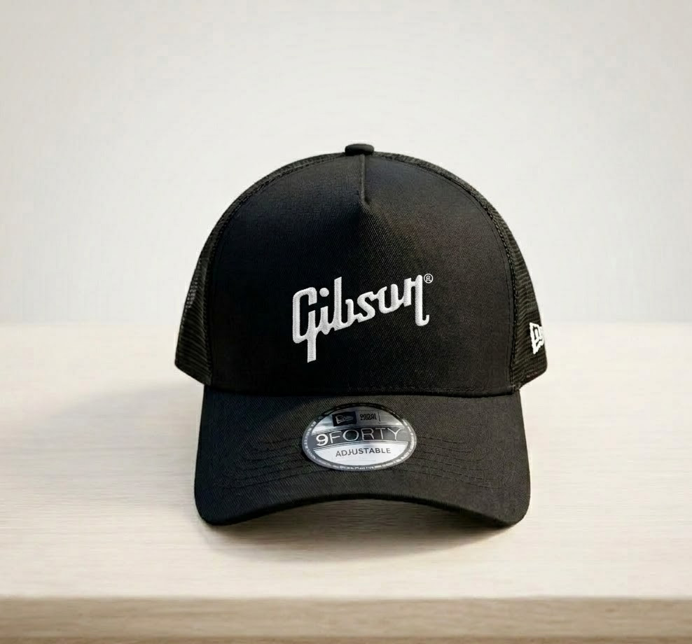 Gibson Guitar Embroidered Trucker Hat 9FORTY Style Mesh Back Cap One Size Black