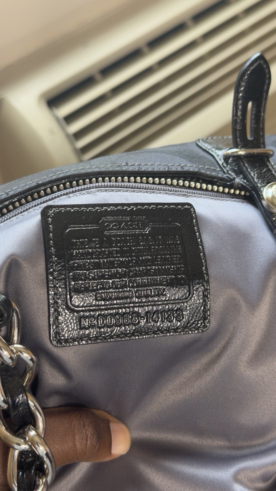 Coach Madison Signature Logo Tote Bag Black Zip Closure Silver Chain Straps