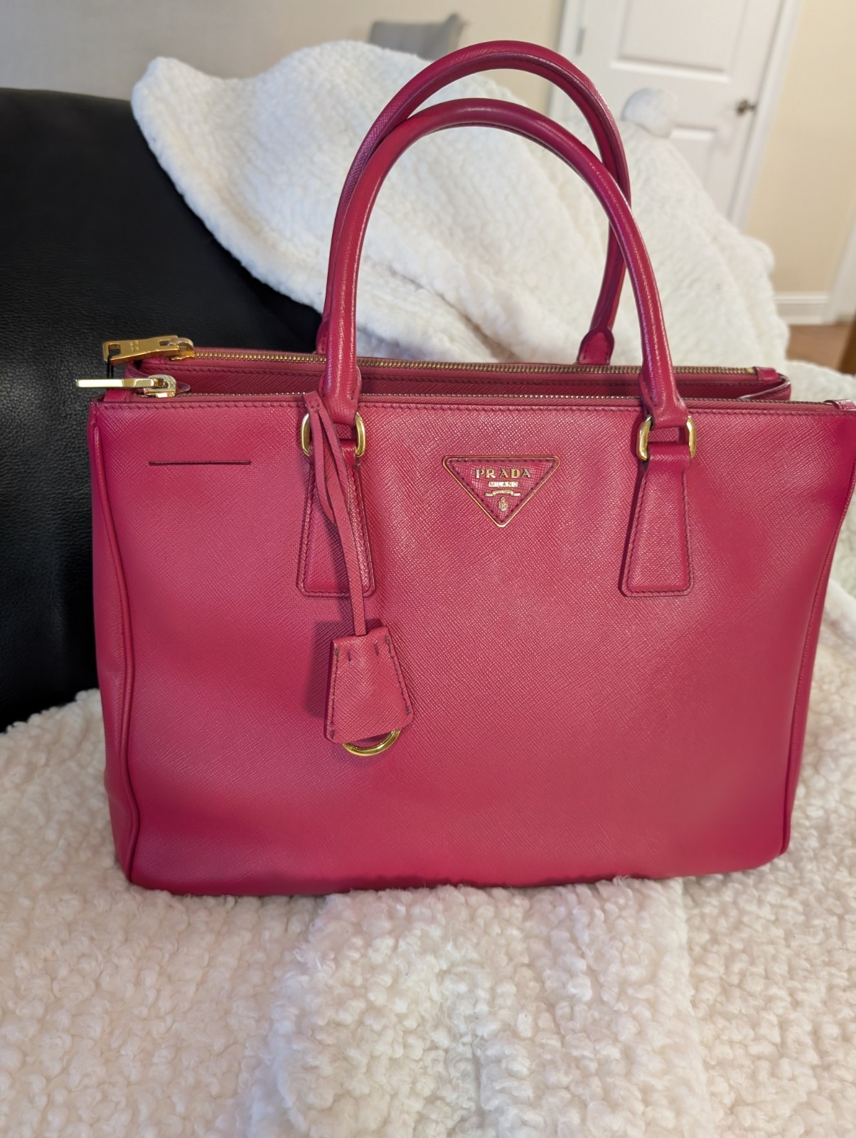 PRADA Pink Top Handle Satchel Gold Hardware Logo Key Holder Bottom Studs