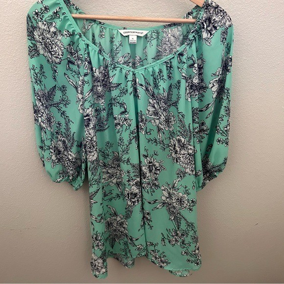 Counterparts Boho Peasant Floral Blouse Womens XL Mint Green 3/4 Sleeve V-Neck