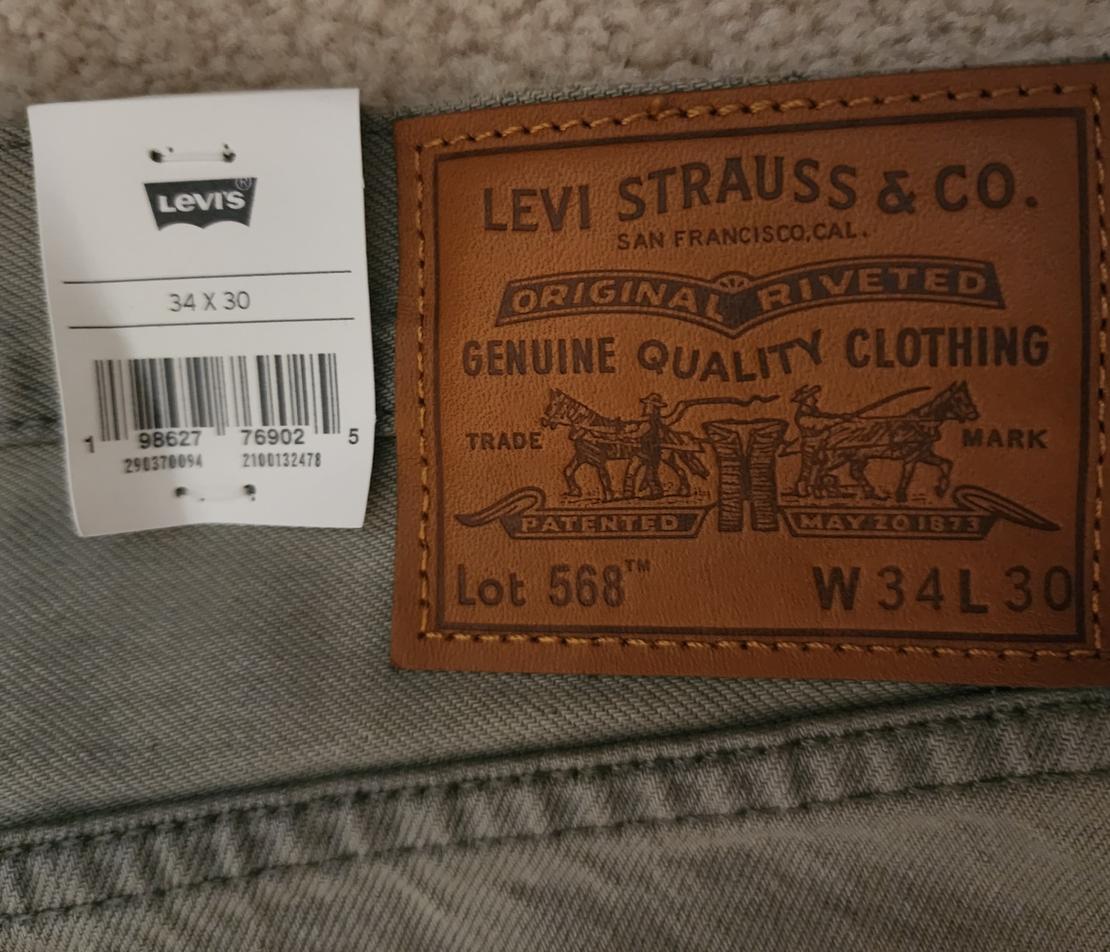NWT Levi Premium 568 LOOSE STRAIGHT Jeans Green Non-Stretch 100% COTTON 34×30