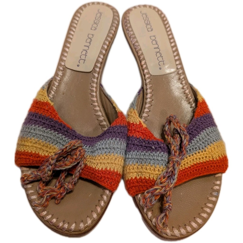 Jessica Bennett Wedge Sandals Womens Size 6M Multicolor Crochet Boho Slide Heels