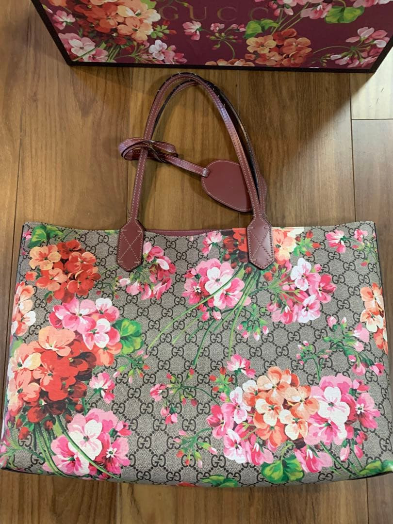 GUCCI GG Blooms Supreme Tote Bag Shoulder Bag Floral PVC Leather Reversible F/S