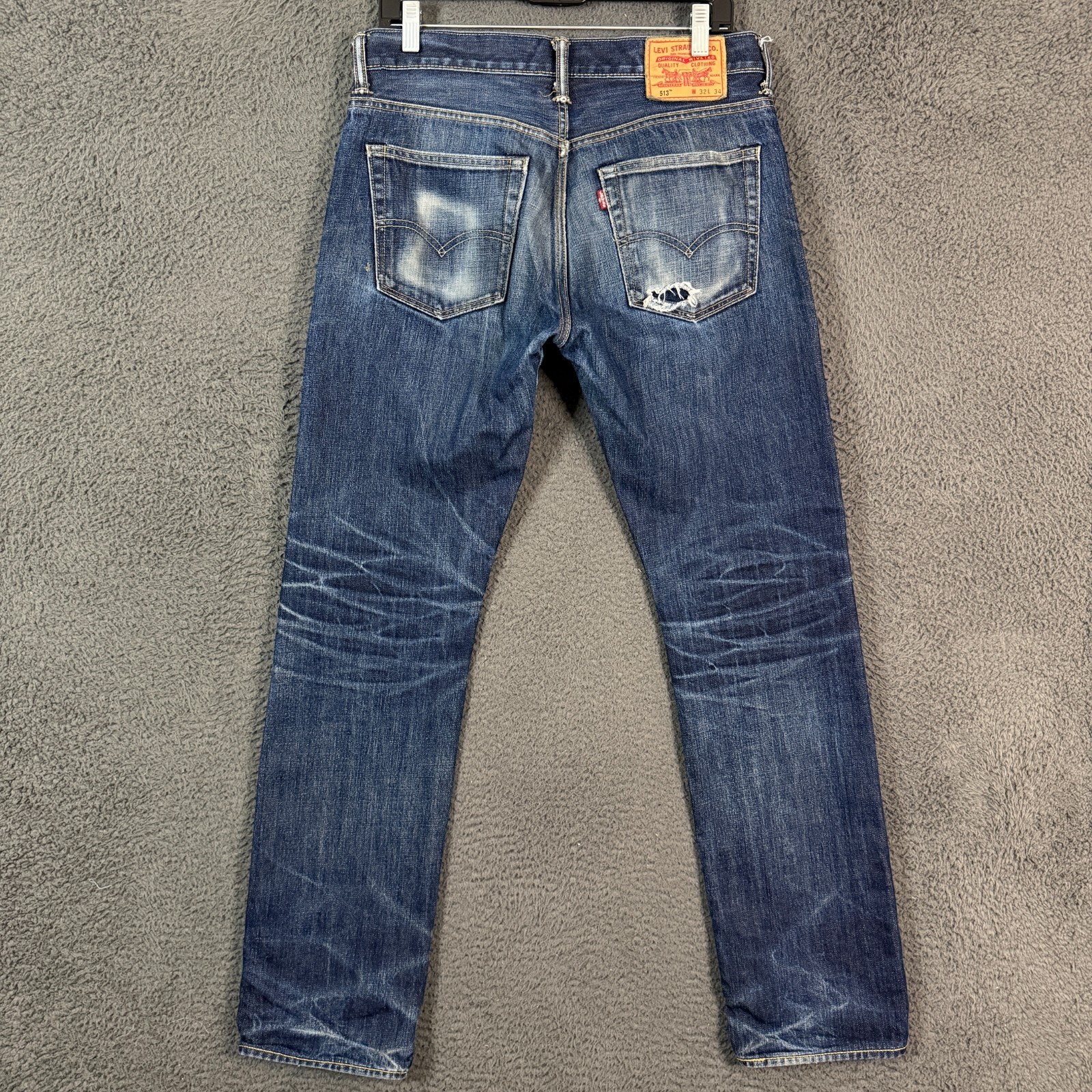Levis Jeans Mens 32×34 Blue 513 Slim Fit Selvedge Dark Denim Whisker Distressed
